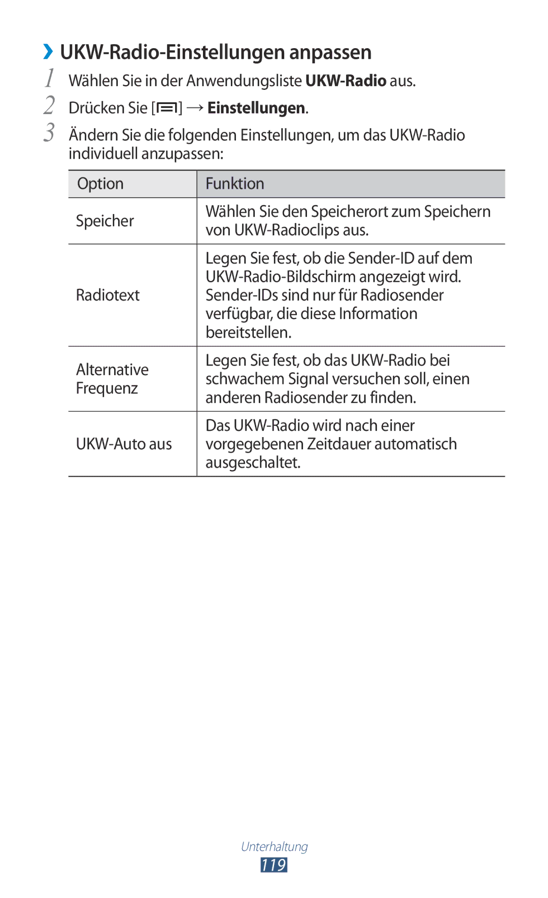 Samsung GT-N7000RWAMBC, GT-N7000ZBADBT, GT-N7000ZBEDBT manual ››UKW-Radio-Einstellungen anpassen, 119, Von UKW-Radioclips aus 