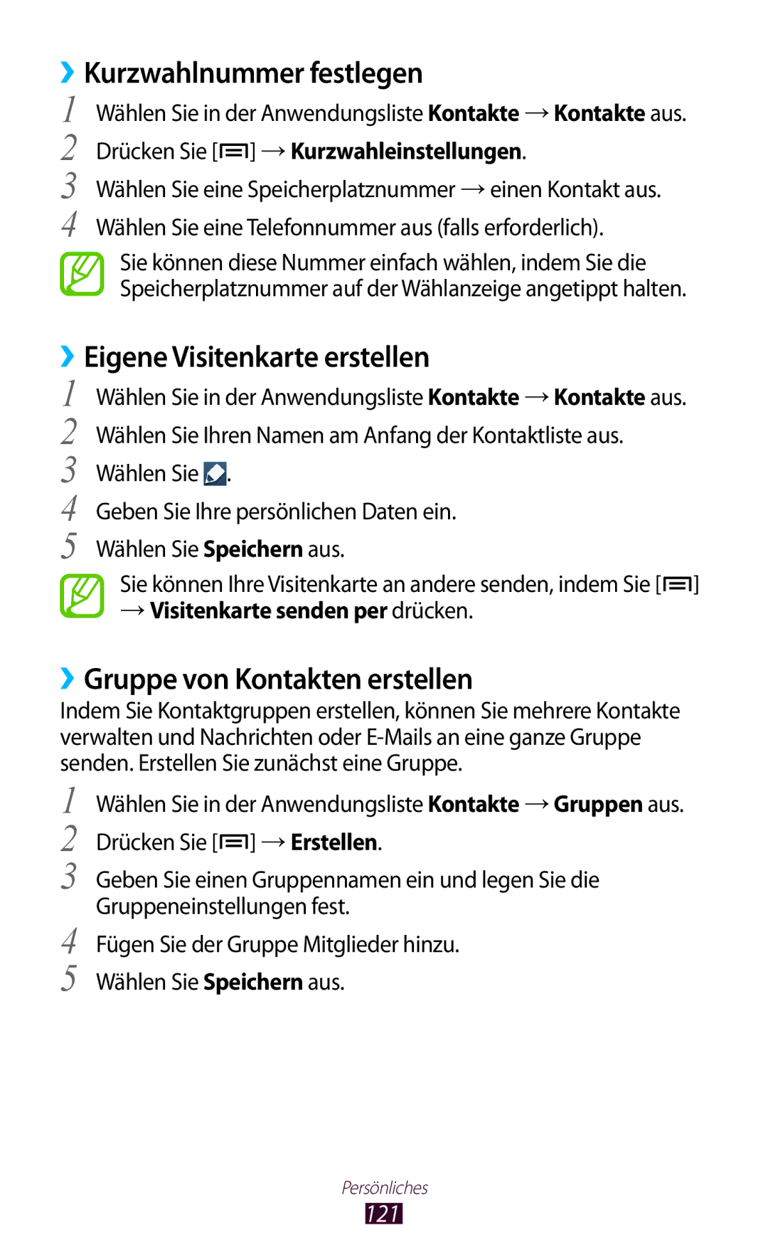 Samsung GT-N7000ZBATMN ››Kurzwahlnummer festlegen, ››Eigene Visitenkarte erstellen, ››Gruppe von Kontakten erstellen, 121 