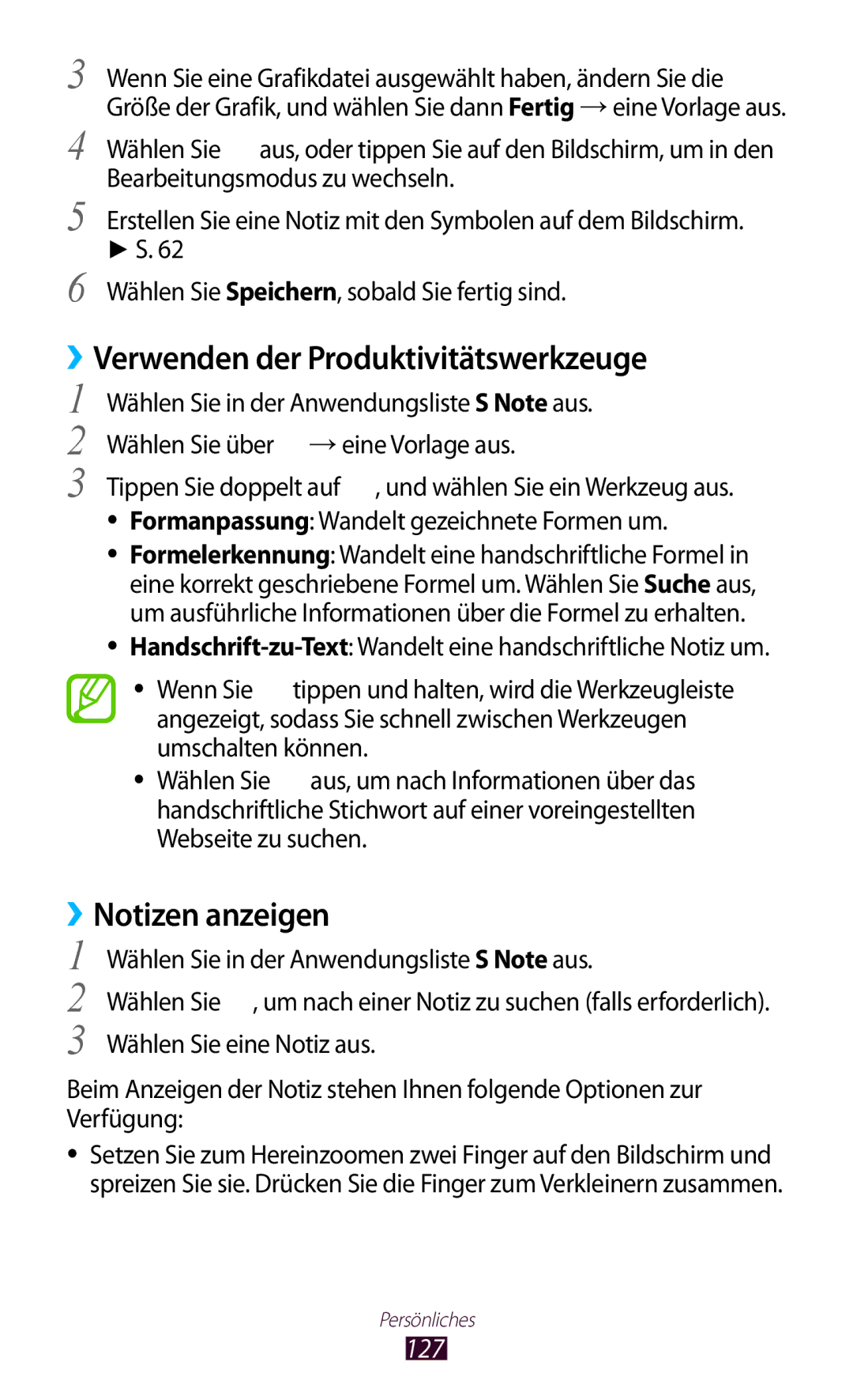 Samsung GT-N7000RWAEUR manual Notizen anzeigen, 127, Formanpassung Wandelt gezeichnete Formen um, Wählen Sie eine Notiz aus 