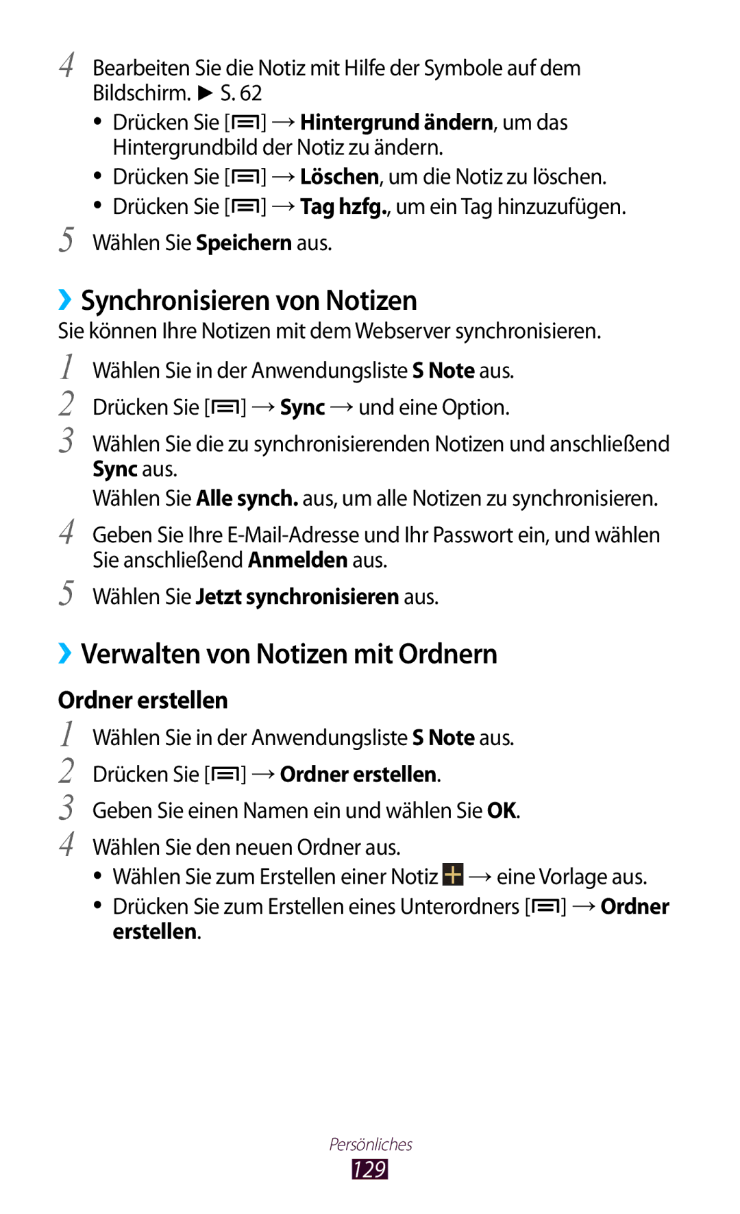 Samsung GT-N7000ZBADTM manual ››Synchronisieren von Notizen, 129, Sie können Ihre Notizen mit dem Webserver synchronisieren 