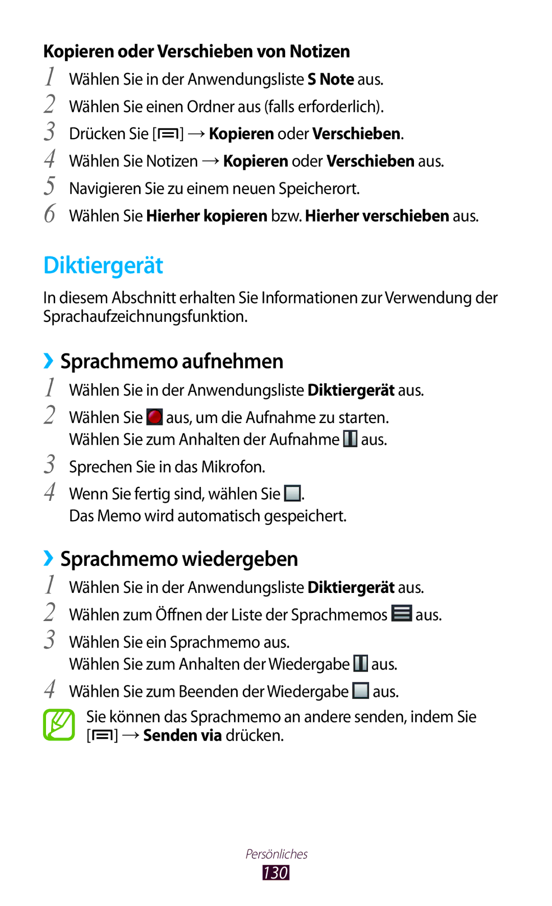 Samsung GT-N7000ZIADTM Diktiergerät, Sprachmemo aufnehmen, ››Sprachmemo wiedergeben, Kopieren oder Verschieben von Notizen 