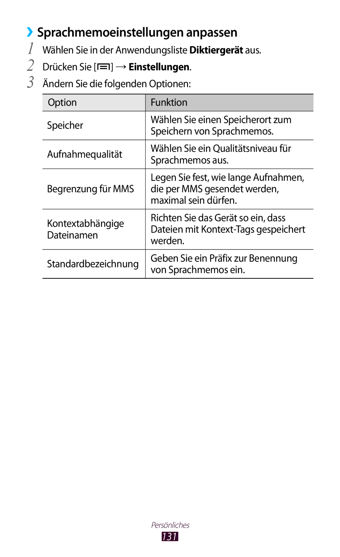 Samsung GT-N7000ZBAXEO, GT-N7000ZBADBT, GT-N7000ZBEDBT manual ››Sprachmemoeinstellungen anpassen, 131, Von Sprachmemos ein 