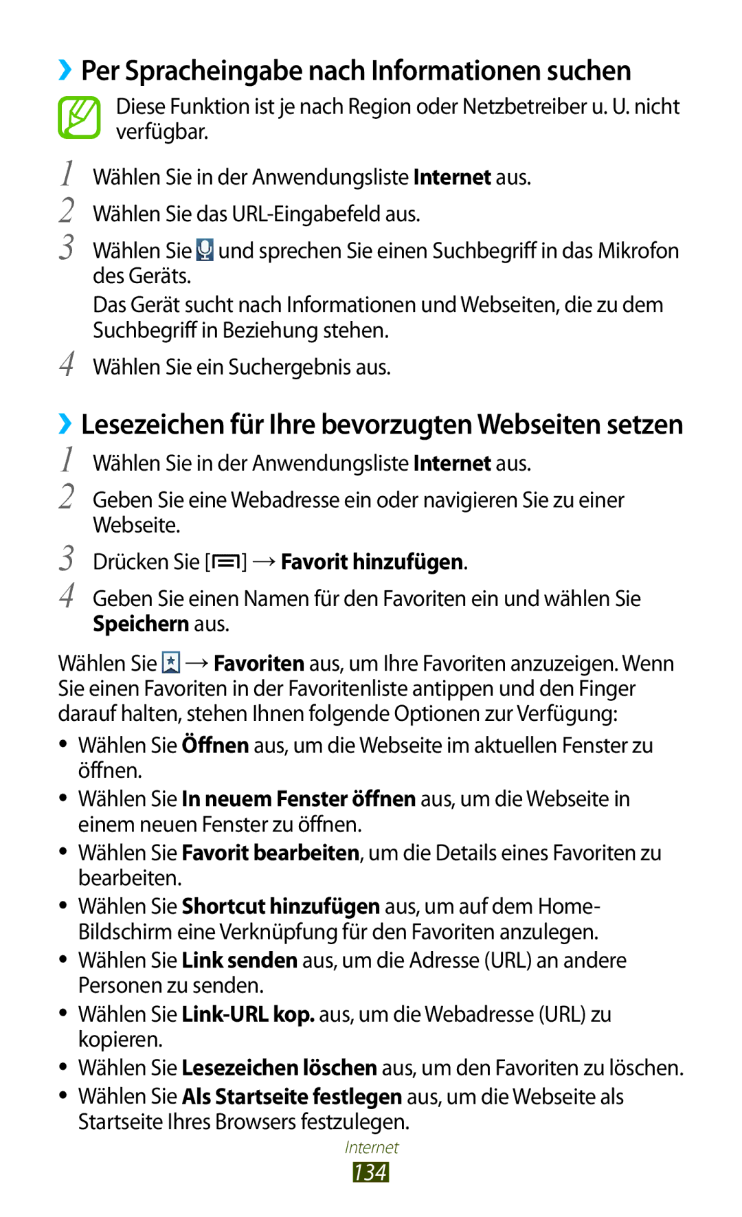 Samsung GT-N7000RWADBT manual ››Lesezeichen für Ihre bevorzugten Webseiten setzen, 134, Drücken Sie →Favorit hinzufügen 