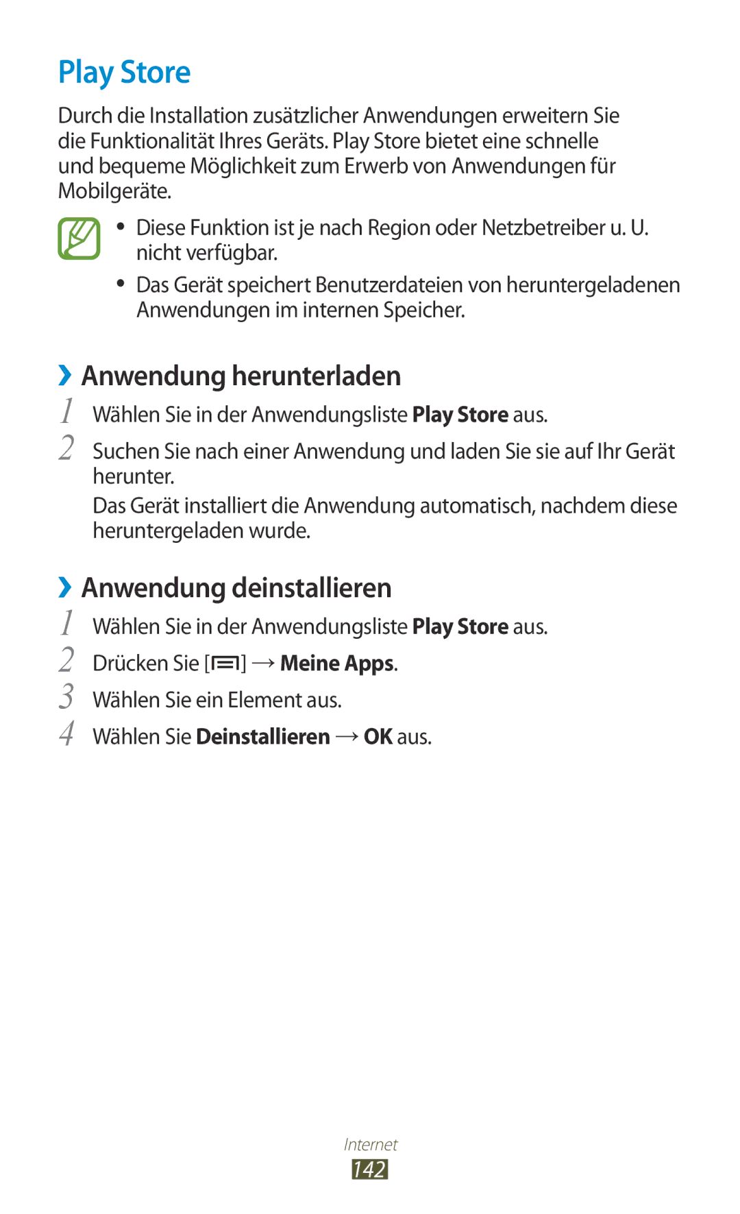 Samsung GT-N7000RWAMBC, GT-N7000ZBADBT manual Play Store, ››Anwendung deinstallieren, 142, Wählen Sie Deinstallieren →OK aus 