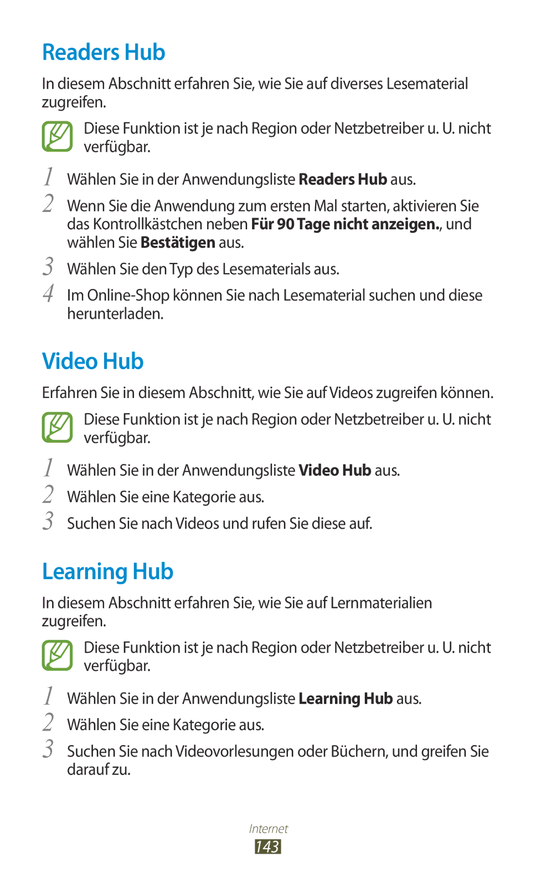 Samsung GT-N7000ZBAVIA, GT-N7000ZBADBT, GT-N7000ZBEDBT, GT-N7000ZBEATO manual Readers Hub, Video Hub, Learning Hub, 143 