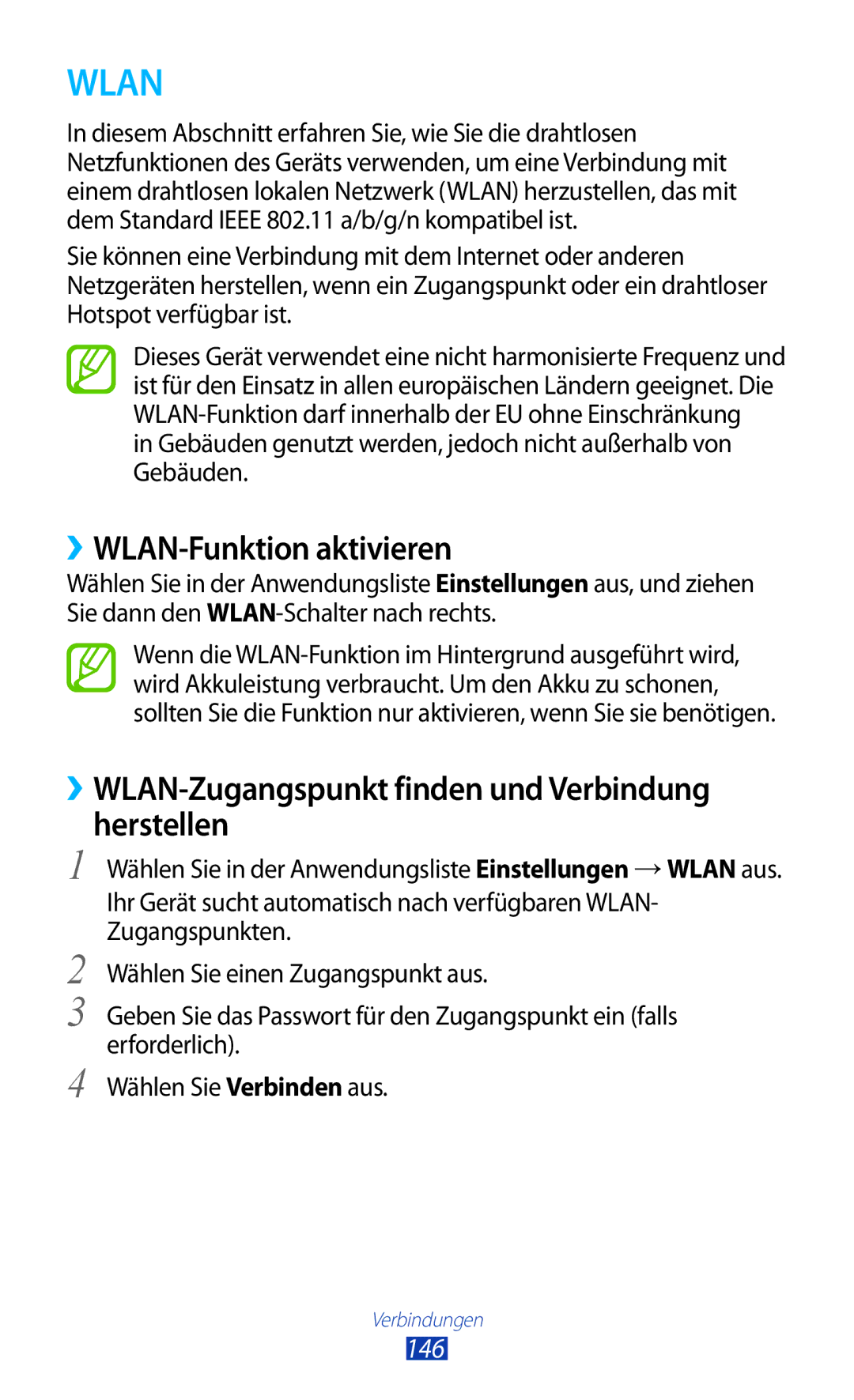 Samsung GT-N7000ZIADBT manual ››WLAN-Funktion aktivieren, ››WLAN-Zugangspunkt finden und Verbindung Herstellen, 146 