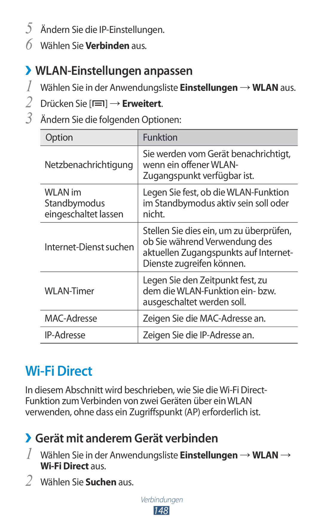 Samsung GT-N7000ZBAATO manual Wi-Fi Direct, ››WLAN-Einstellungen anpassen, ››Gerät mit anderem Gerät verbinden, 148 