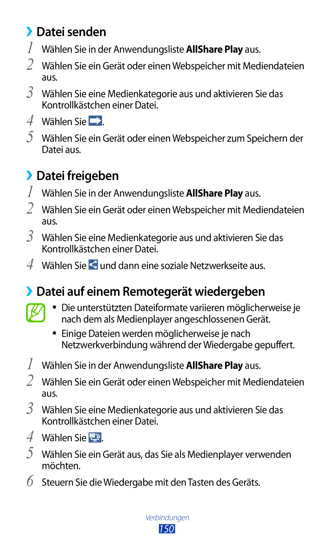 Samsung GT-N7000RWAEUR, GT-N7000ZBADBT ››Datei senden, ››Datei freigeben, ››Datei auf einem Remotegerät wiedergeben, 150 