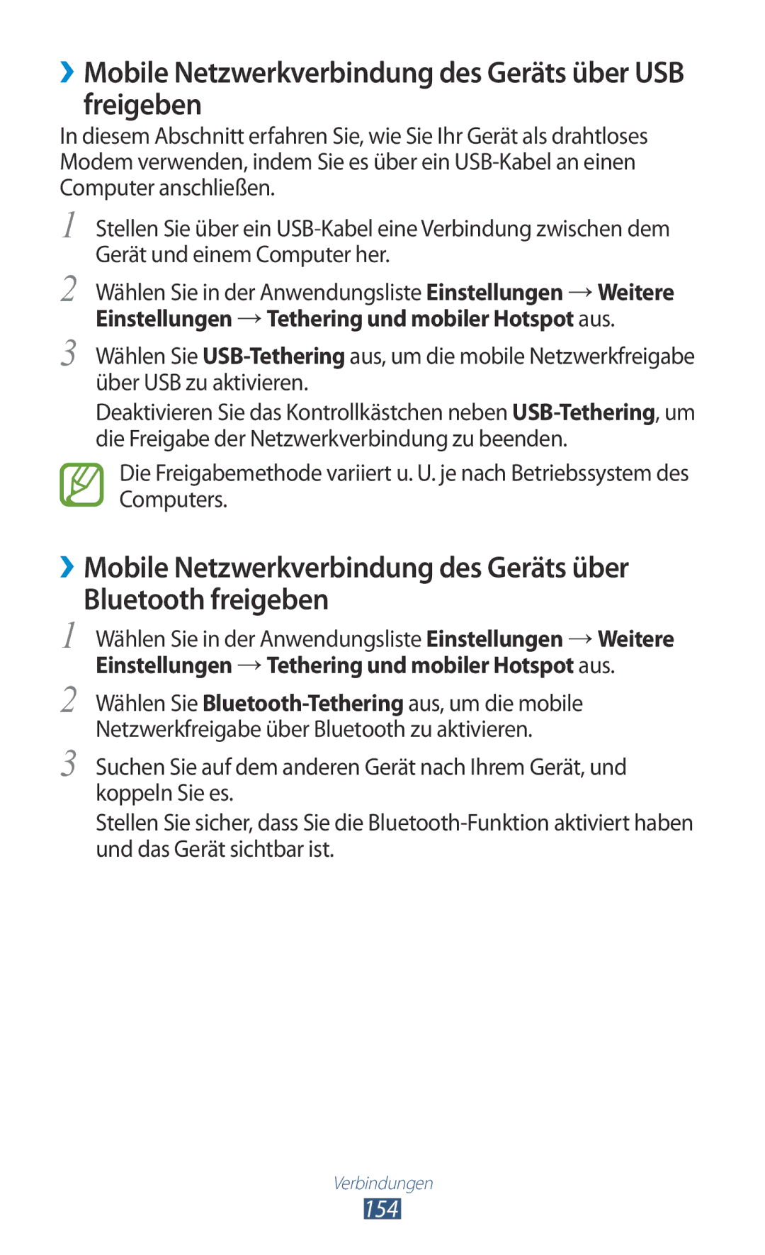 Samsung GT-N7000ZBAXEO, GT-N7000ZBADBT, GT-N7000ZBEDBT manual ››Mobile Netzwerkverbindung des Geräts über USB freigeben, 154 