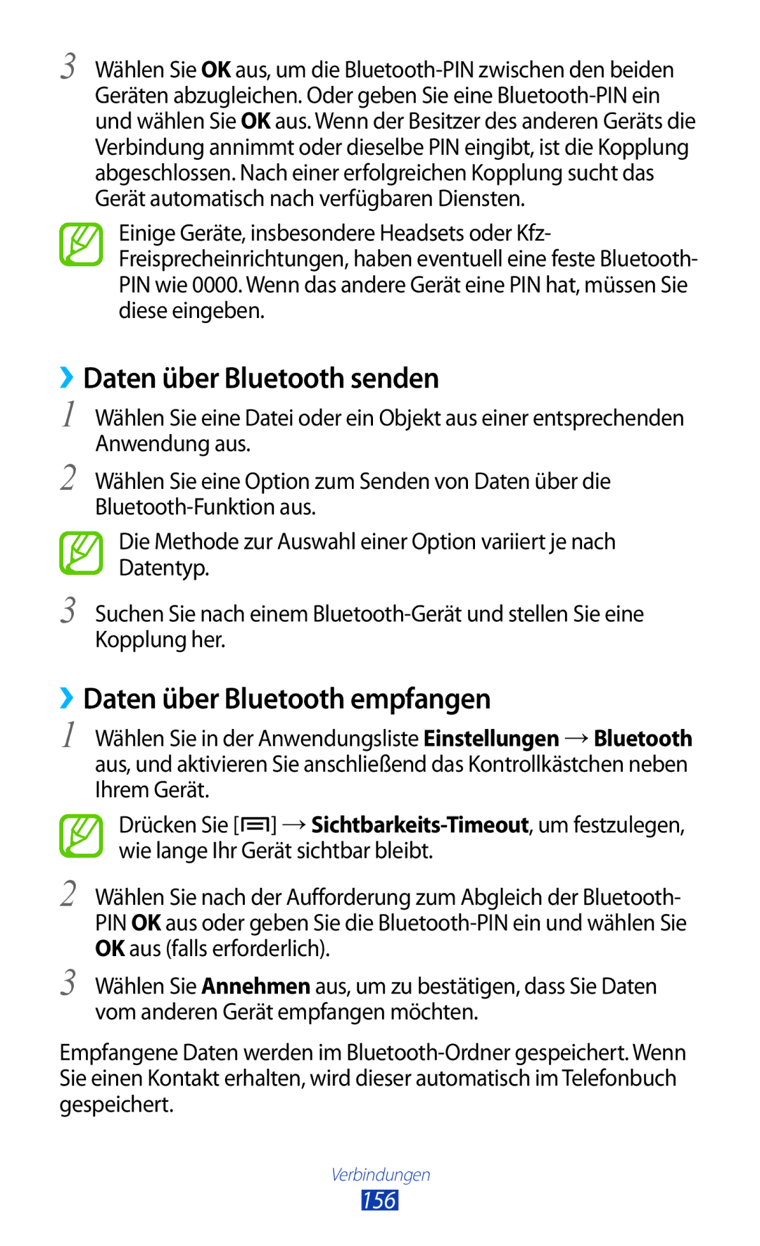 Samsung GT-N7000RWADTM, GT-N7000ZBADBT, GT-N7000ZBEDBT ››Daten über Bluetooth senden, ››Daten über Bluetooth empfangen, 156 