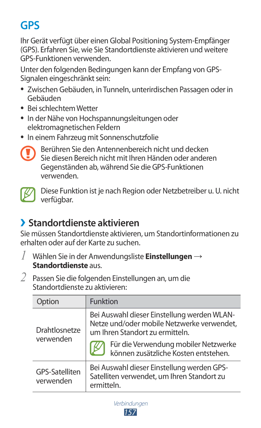 Samsung GT-N7000RWADBT, GT-N7000ZBADBT, GT-N7000ZBEDBT, GT-N7000ZBEATO, GT-N7000RWATUR manual ››Standortdienste aktivieren, 157 