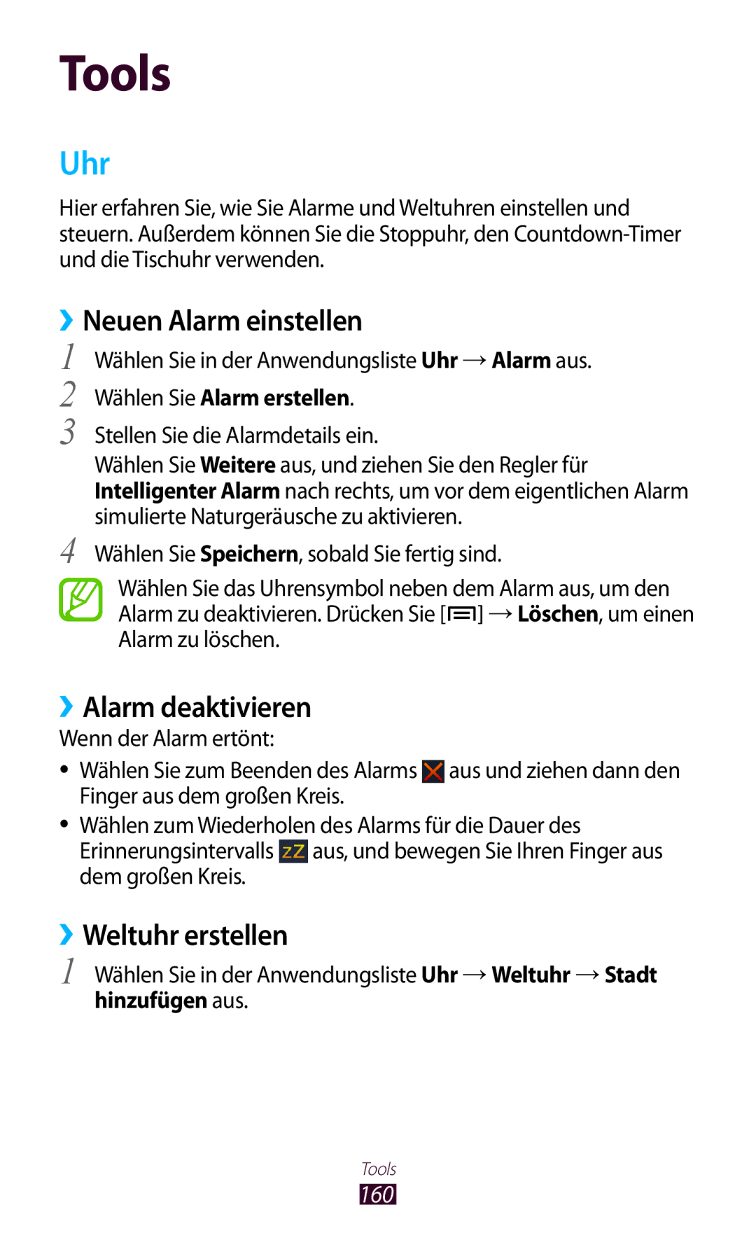 Samsung GT-N7000ZBASFR, GT-N7000ZBADBT manual Uhr, ››Neuen Alarm einstellen, ››Alarm deaktivieren, ››Weltuhr erstellen, 160 