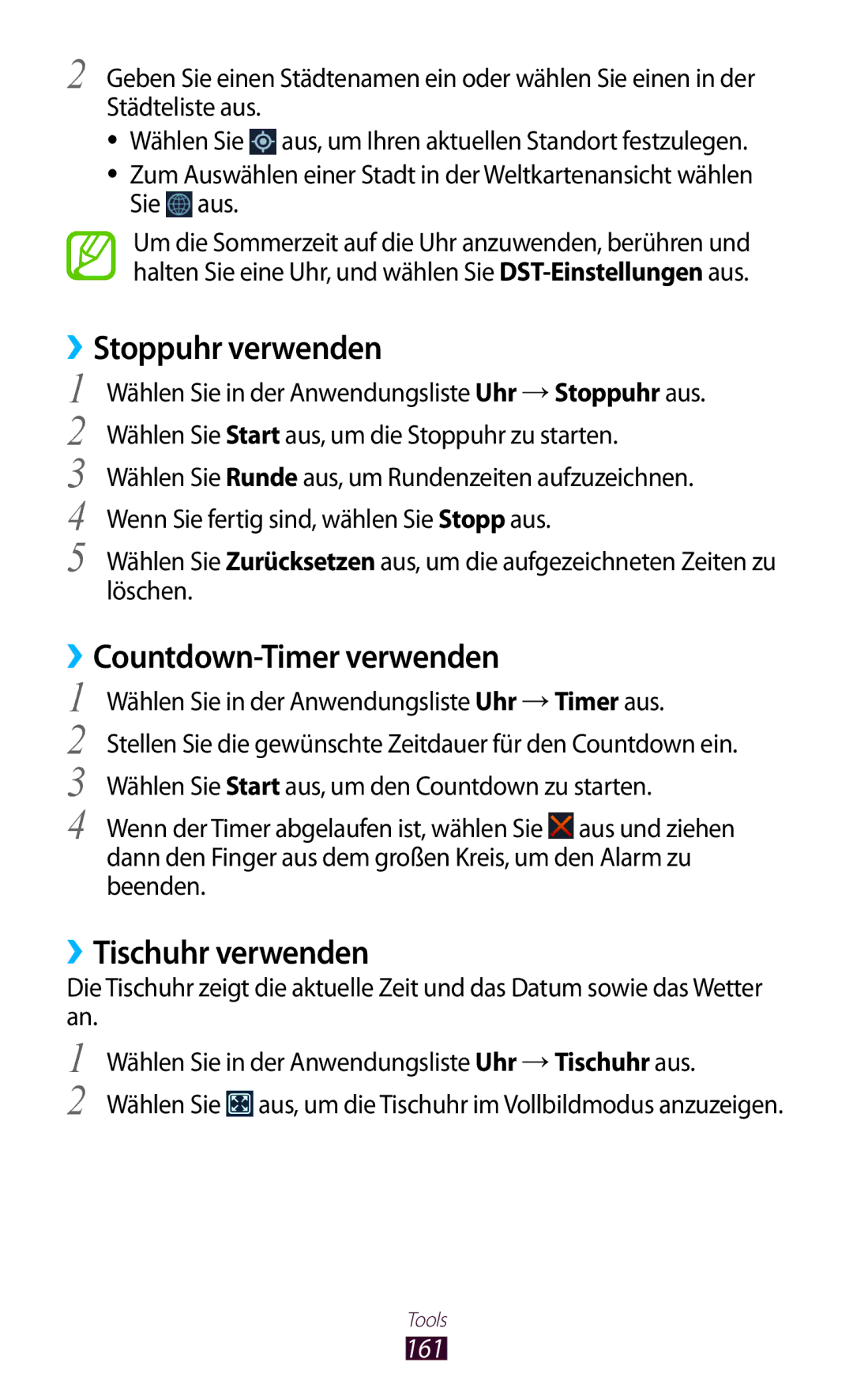 Samsung GT-N7000ZBADBT, GT-N7000ZBEDBT manual ››Stoppuhr verwenden, Countdown-Timer verwenden, ››Tischuhr verwenden, 161 