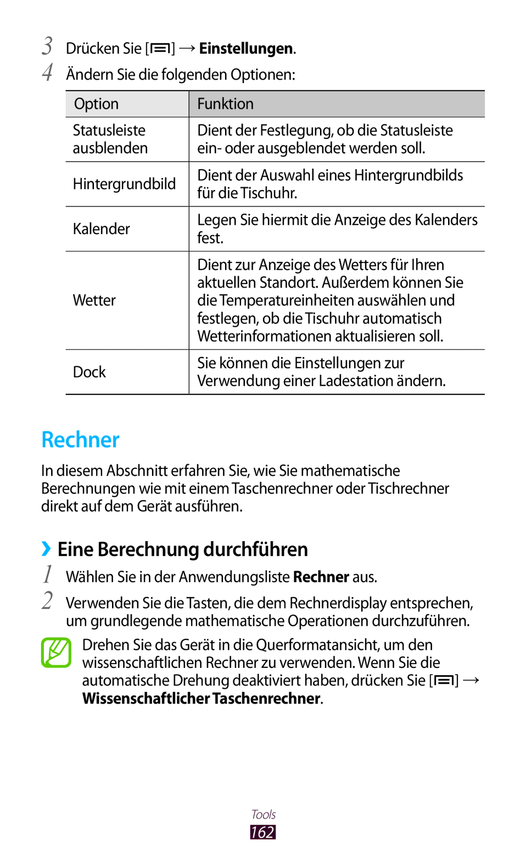 Samsung GT-N7000ZBEDBT, GT-N7000ZBADBT, GT-N7000ZBEATO manual Rechner, ››Eine Berechnung durchführen, 162, →Einstellungen 