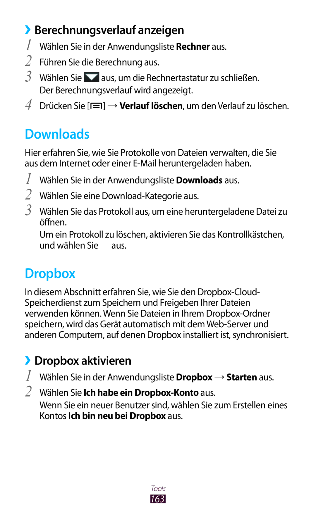 Samsung GT-N7000ZBEATO, GT-N7000ZBADBT manual Downloads, ››Berechnungsverlauf anzeigen, ››Dropbox aktivieren, 163 