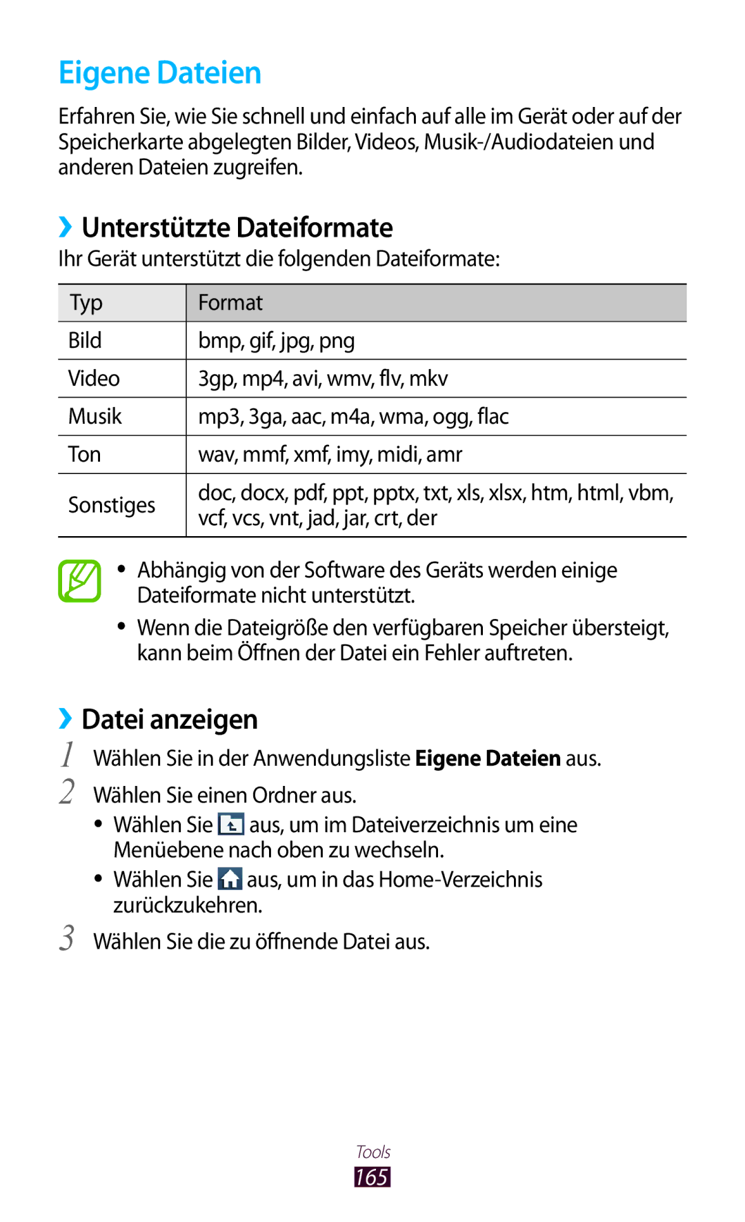 Samsung GT-N7000RWAMBC, GT-N7000ZBADBT, GT-N7000ZBEDBT, GT-N7000ZBEATO manual Eigene Dateien, ››Unterstützte Dateiformate, 165 