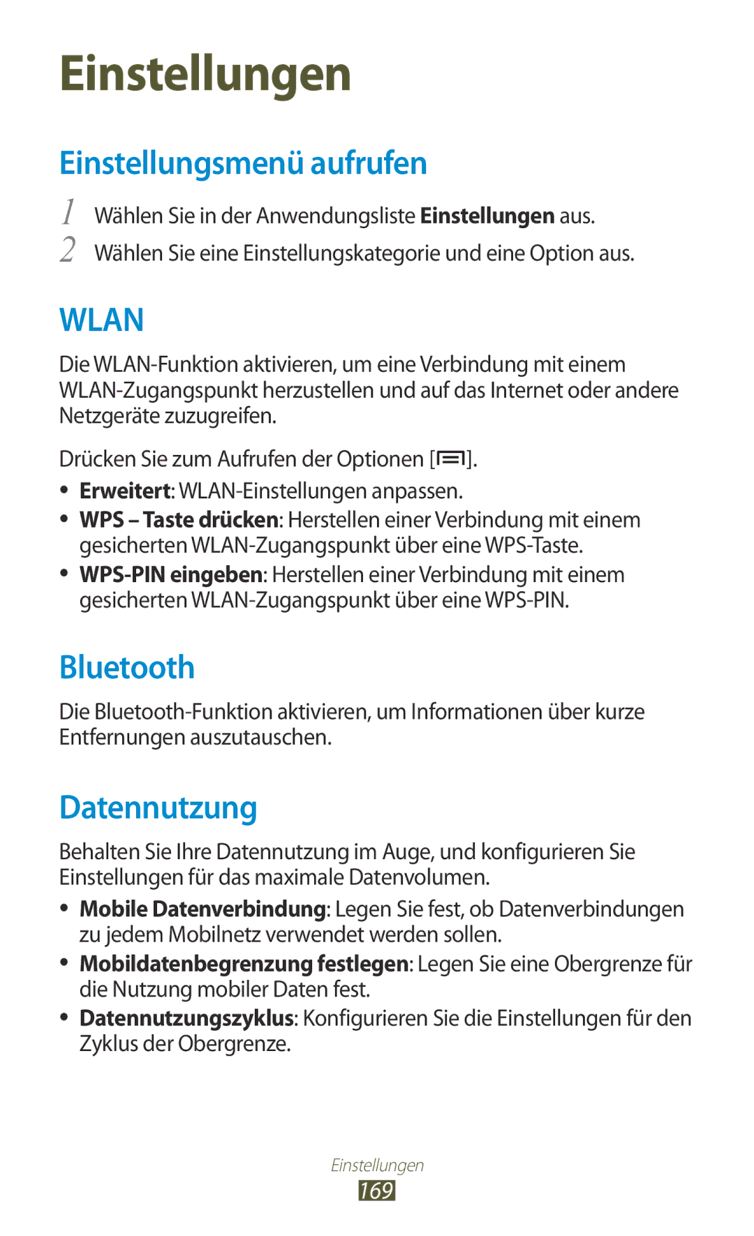 Samsung GT-N7000ZIADBT, GT-N7000ZBADBT, GT-N7000ZBEDBT, GT-N7000ZBEATO manual Einstellungsmenü aufrufen, Datennutzung, 169 