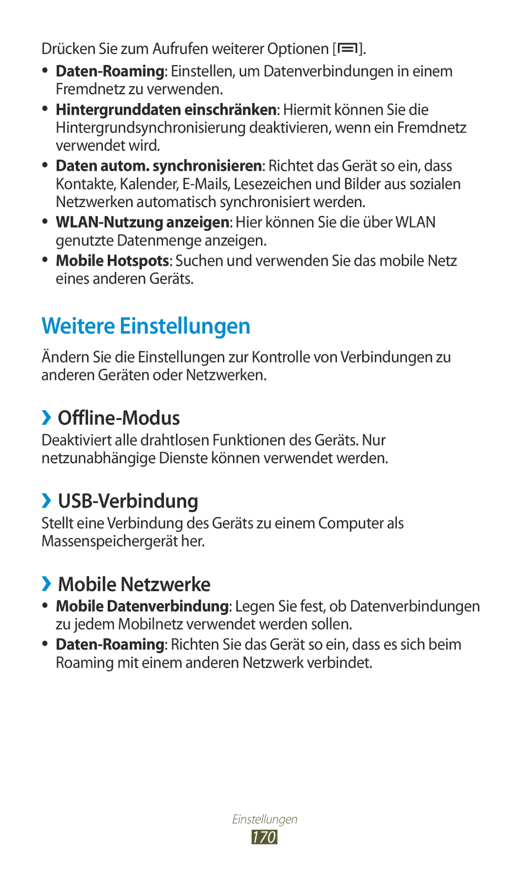 Samsung GT-N7000ZBAEUR, GT-N7000ZBADBT Weitere Einstellungen, ››Offline-Modus, ››USB-Verbindung, ››Mobile Netzwerke, 170 