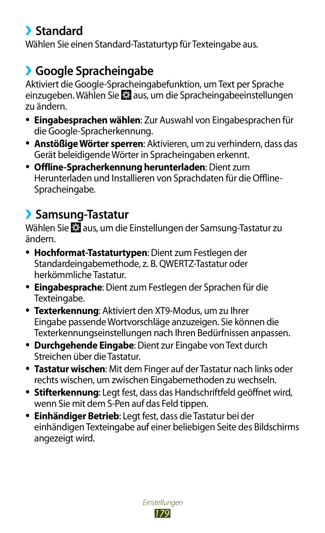 Samsung GT-N7000RWADTM, GT-N7000ZBADBT, GT-N7000ZBEDBT manual ››Standard, ››Google Spracheingabe, ››Samsung-Tastatur, 179 