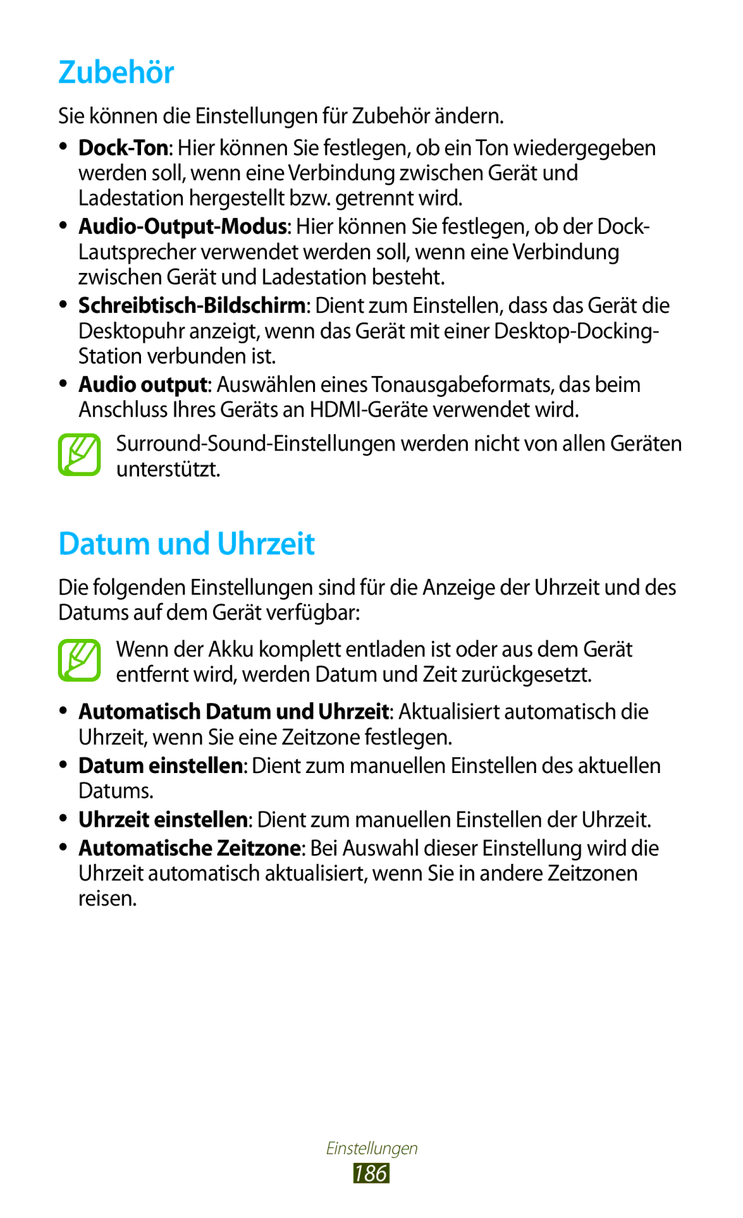 Samsung GT-N7000ZBEATO, GT-N7000ZBADBT, GT-N7000ZBEDBT, GT-N7000RWATUR, GT-N7000RWAMBC manual Zubehör, Datum und Uhrzeit, 186 