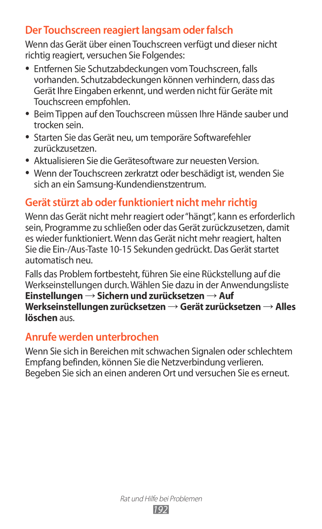 Samsung GT-N7000ZIADBT, GT-N7000ZBADBT, GT-N7000ZBEDBT, GT-N7000ZBEATO Der Touchscreen reagiert langsam oder falsch, 192 