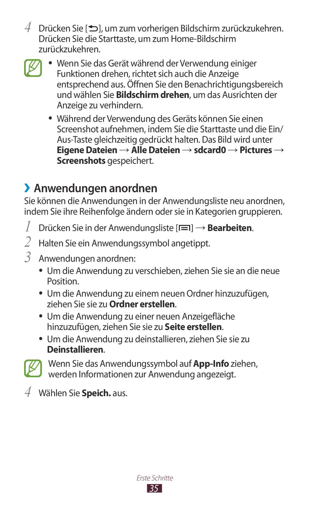 Samsung GT-N7000RWAEUR, GT-N7000ZBADBT, GT-N7000ZBEDBT, GT-N7000ZBEATO manual ››Anwendungen anordnen, Wählen Sie Speich. aus 