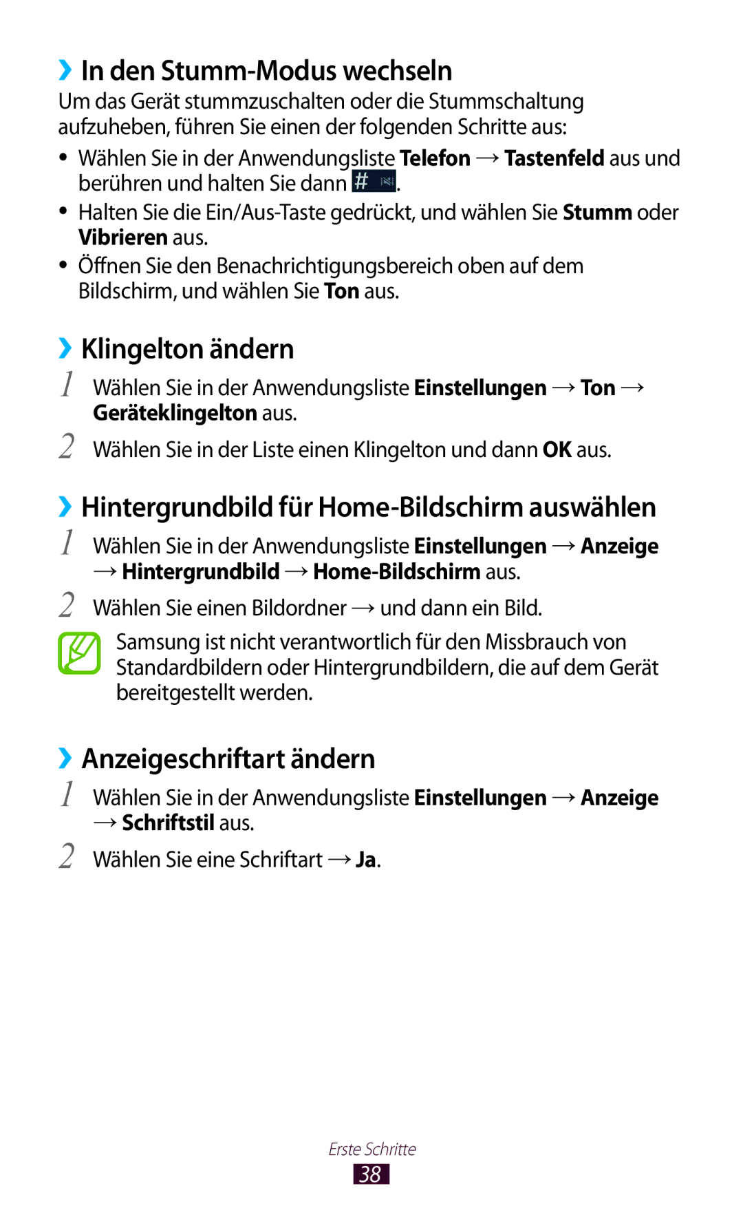 Samsung GT-N7000ZIADTM ››In den Stumm-Modus wechseln, ››Klingelton ändern, ››Anzeigeschriftart ändern, → Schriftstil aus 