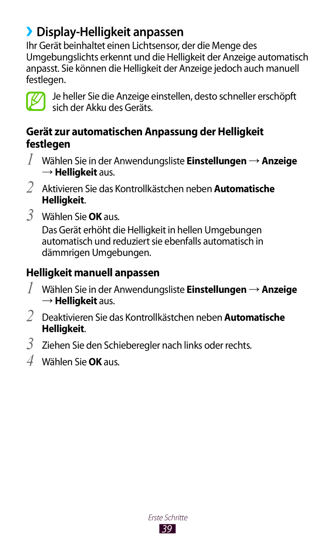 Samsung GT-N7000ZBAXEO manual ››Display-Helligkeit anpassen, Gerät zur automatischen Anpassung der Helligkeit festlegen 
