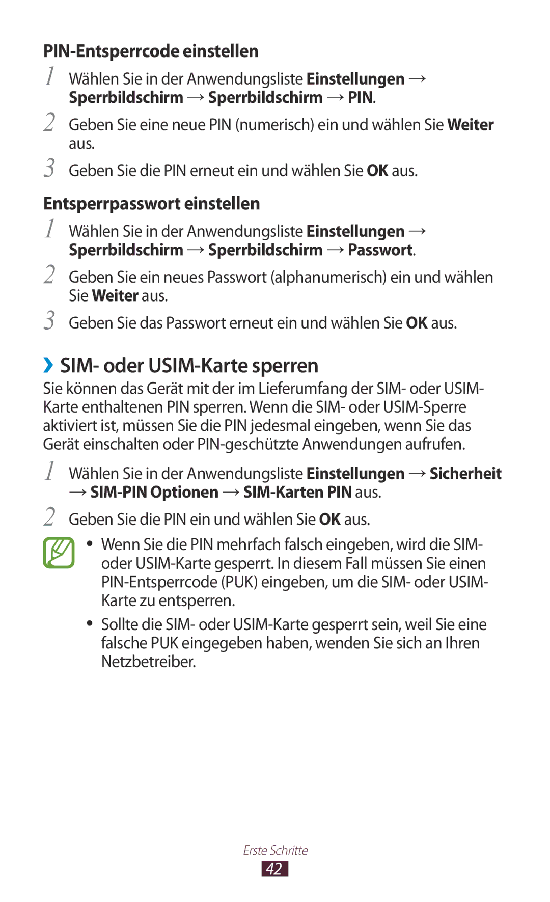 Samsung GT-N7000RWADBT manual ››SIM- oder USIM-Karte sperren, PIN-Entsperrcode einstellen, Entsperrpasswort einstellen 