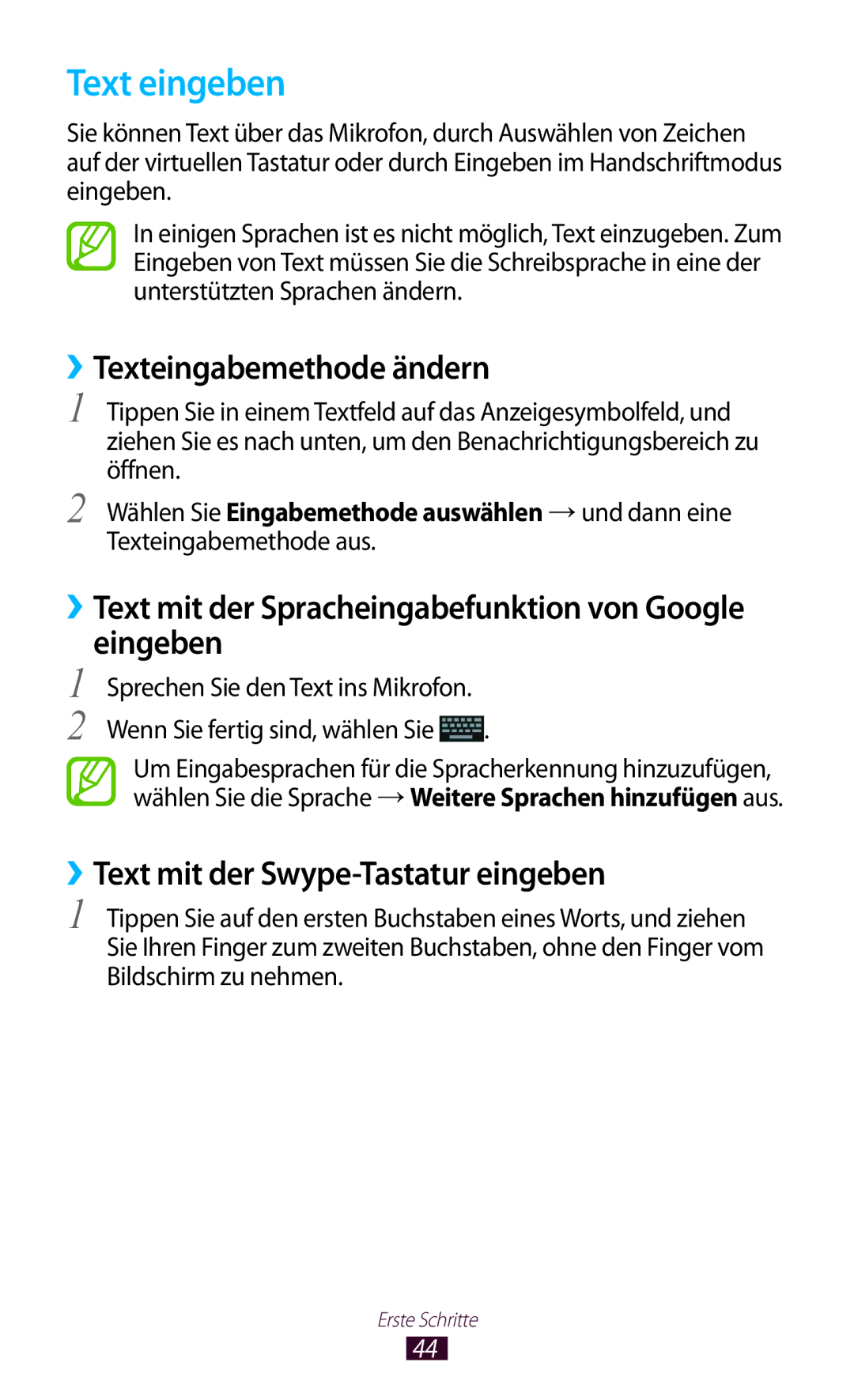 Samsung GT-N7000ZBATUR manual Text eingeben, ››Texteingabemethode ändern, Eingeben, ››Text mit der Swype-Tastatur eingeben 