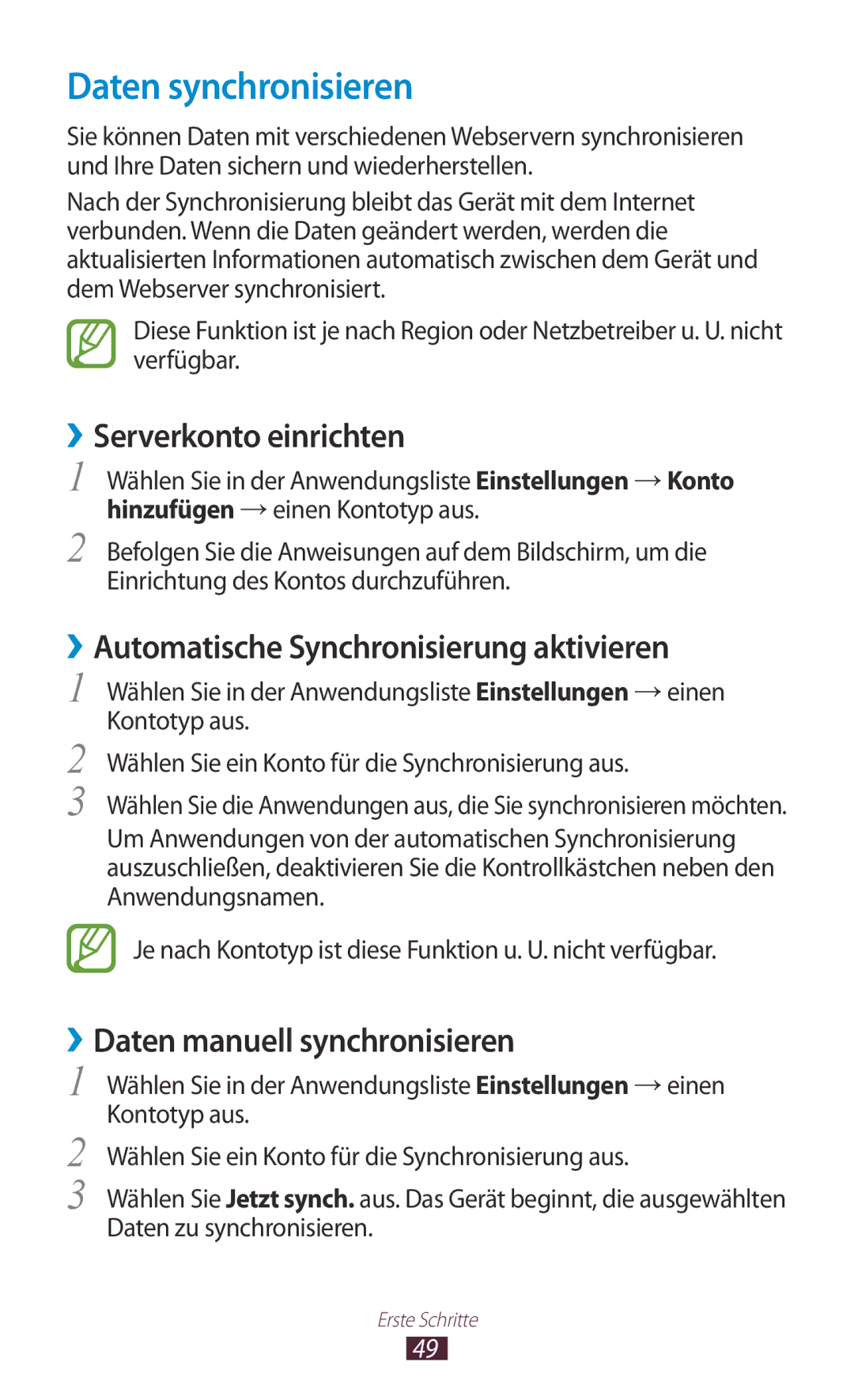 Samsung GT-N7000RWATUR manual Daten synchronisieren, ››Serverkonto einrichten, ››Automatische Synchronisierung aktivieren 