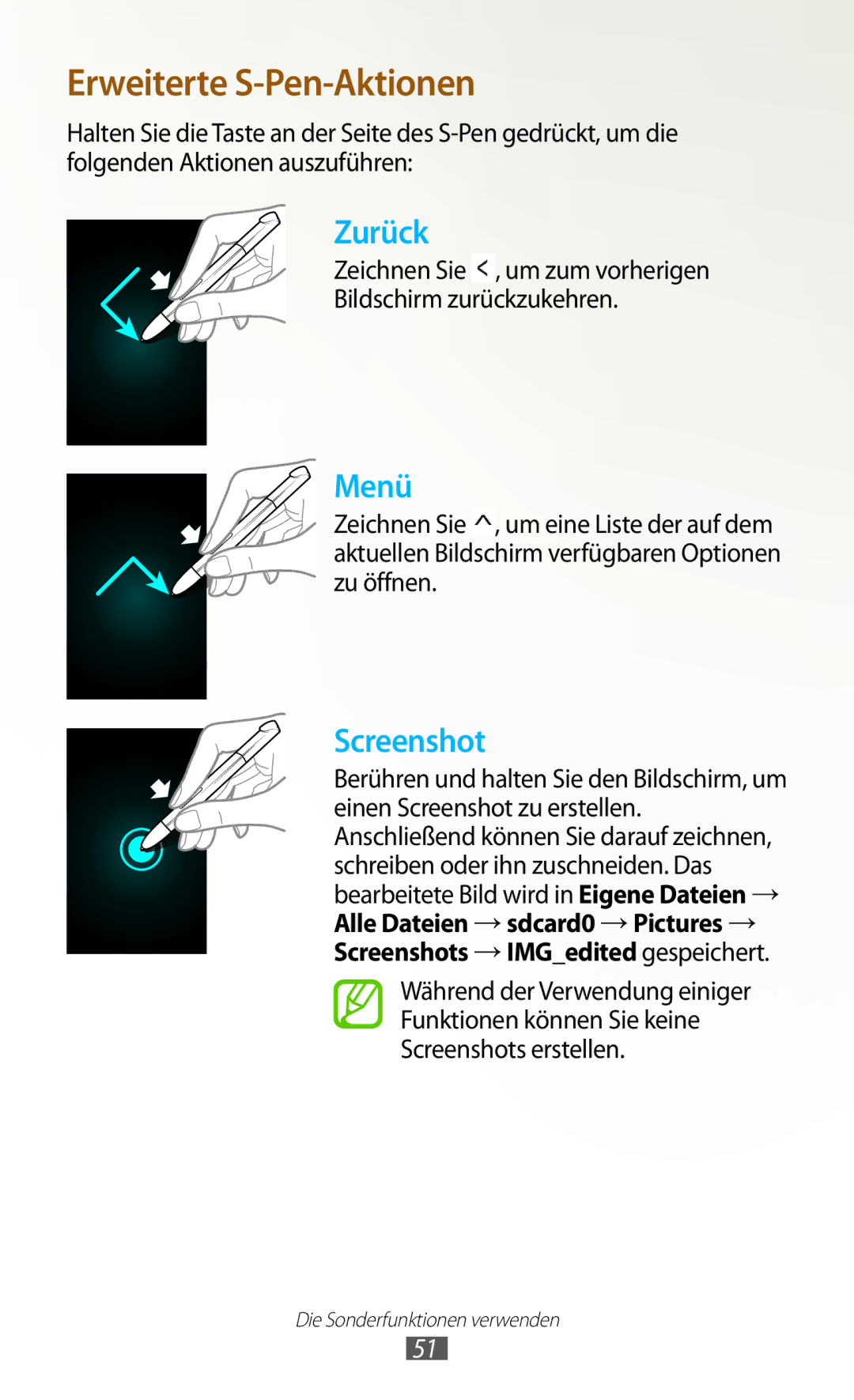 Samsung GT-N7000ZBAVIA manual Erweiterte S-Pen-Aktionen, Zeichnen Sie , um zum vorherigen Bildschirm zurückzukehren 