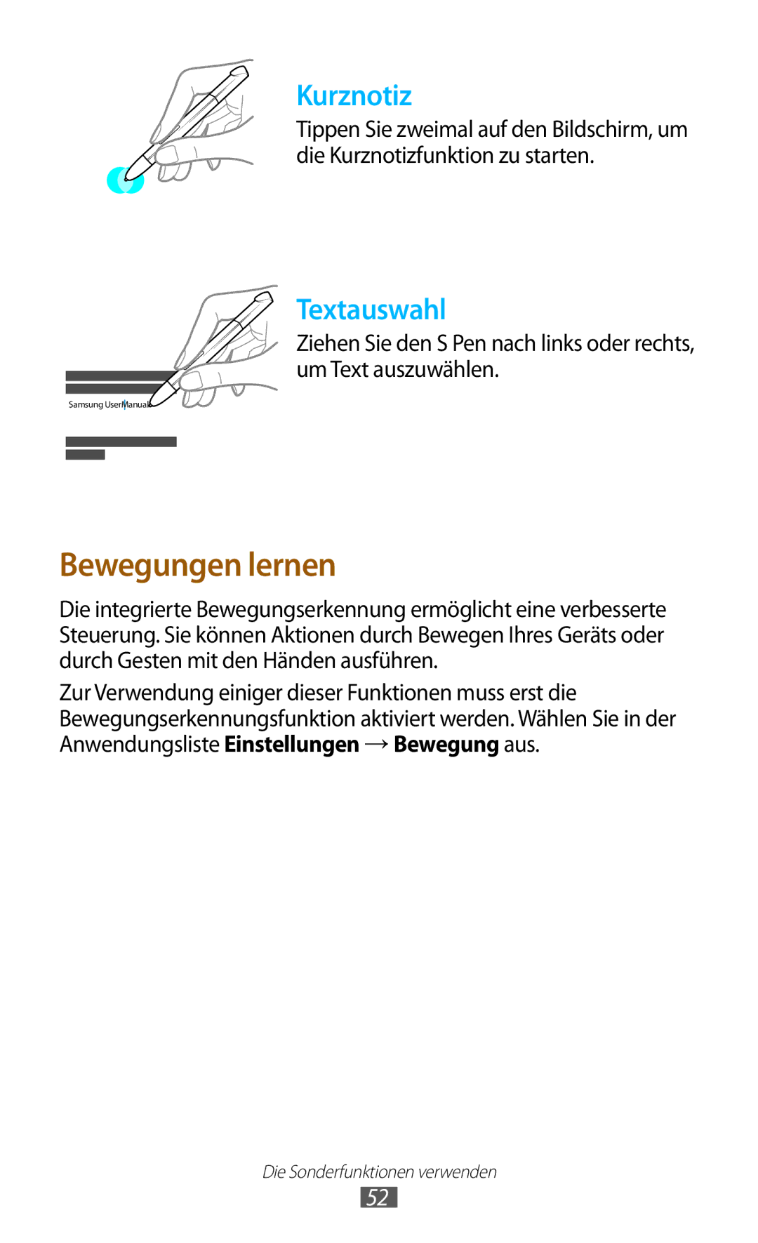 Samsung GT-N7000ZBATMN, GT-N7000ZBADBT, GT-N7000ZBEDBT, GT-N7000ZBEATO, GT-N7000RWATUR, GT-N7000RWAMBC manual Bewegungen lernen 