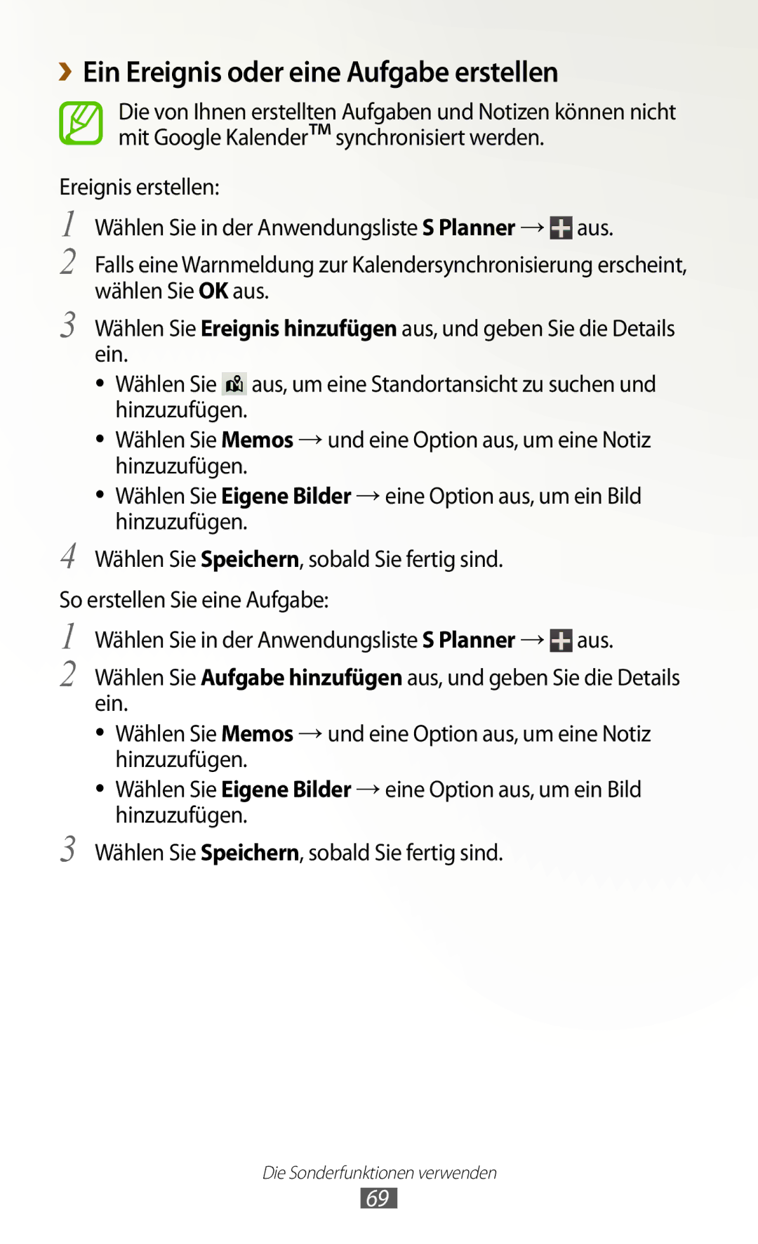 Samsung GT-N7000ZBADBT manual ››Ein Ereignis oder eine Aufgabe erstellen, Hinzuzufügen, So erstellen Sie eine Aufgabe 