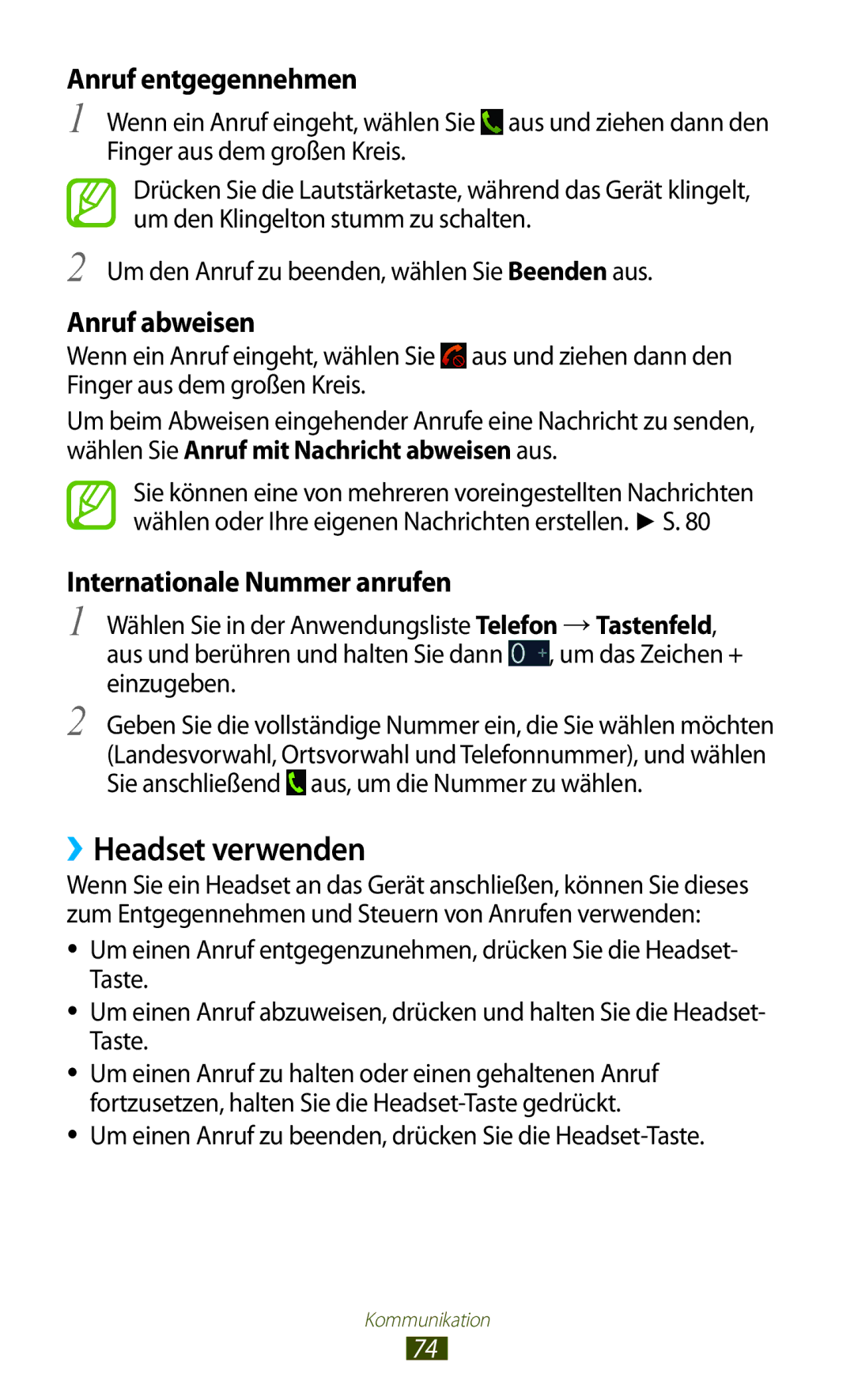 Samsung GT-N7000ZBAVIA manual ››Headset verwenden, Anruf entgegennehmen, Anruf abweisen, Internationale Nummer anrufen 