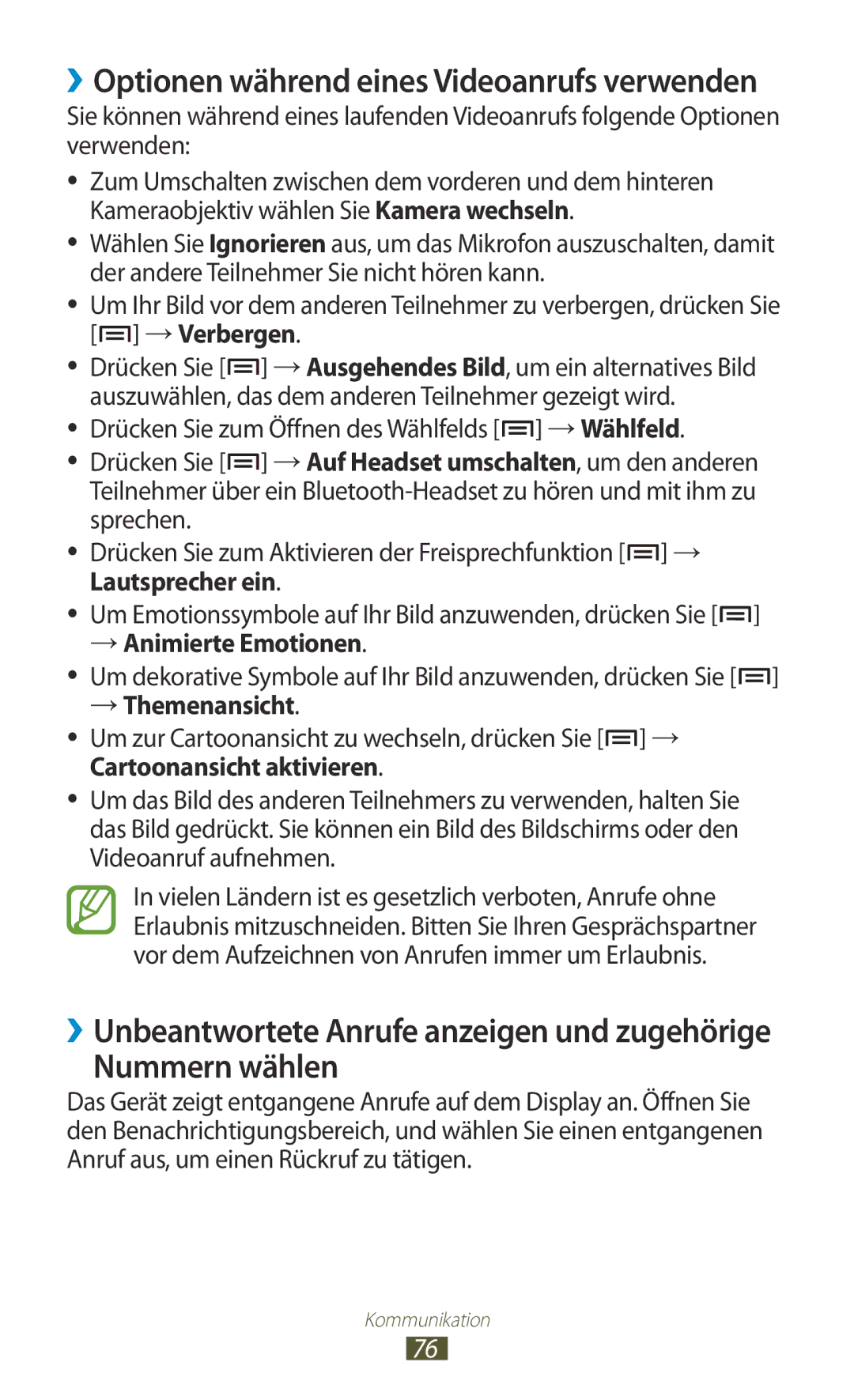 Samsung GT-N7000RWAATO manual Nummern wählen, ››Optionen während eines Videoanrufs verwenden, →Animierte Emotionen 