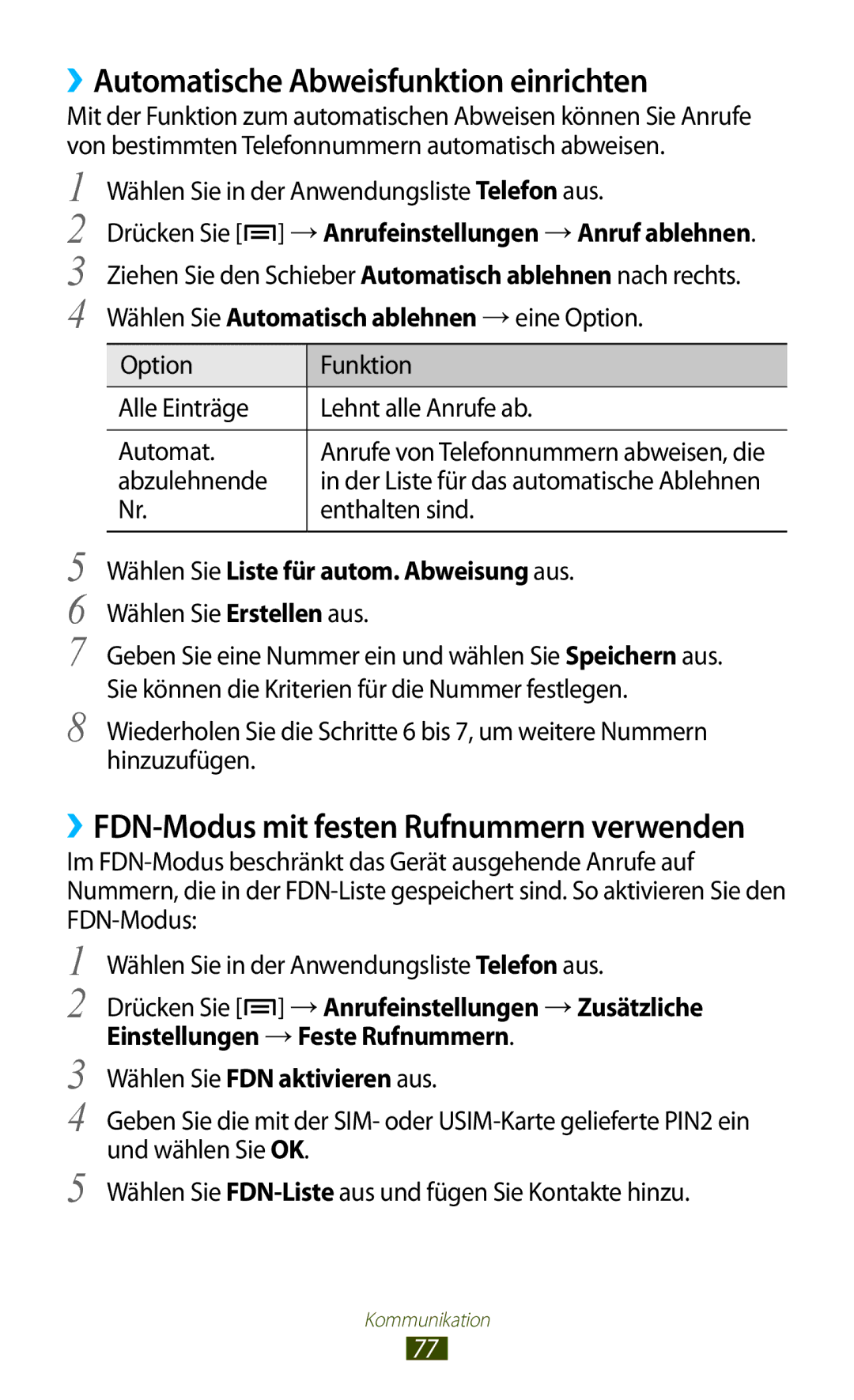 Samsung GT-N7000ZIADBT manual ››Automatische Abweisfunktion einrichten, Drücken Sie →Anrufeinstellungen →Anruf ablehnen 