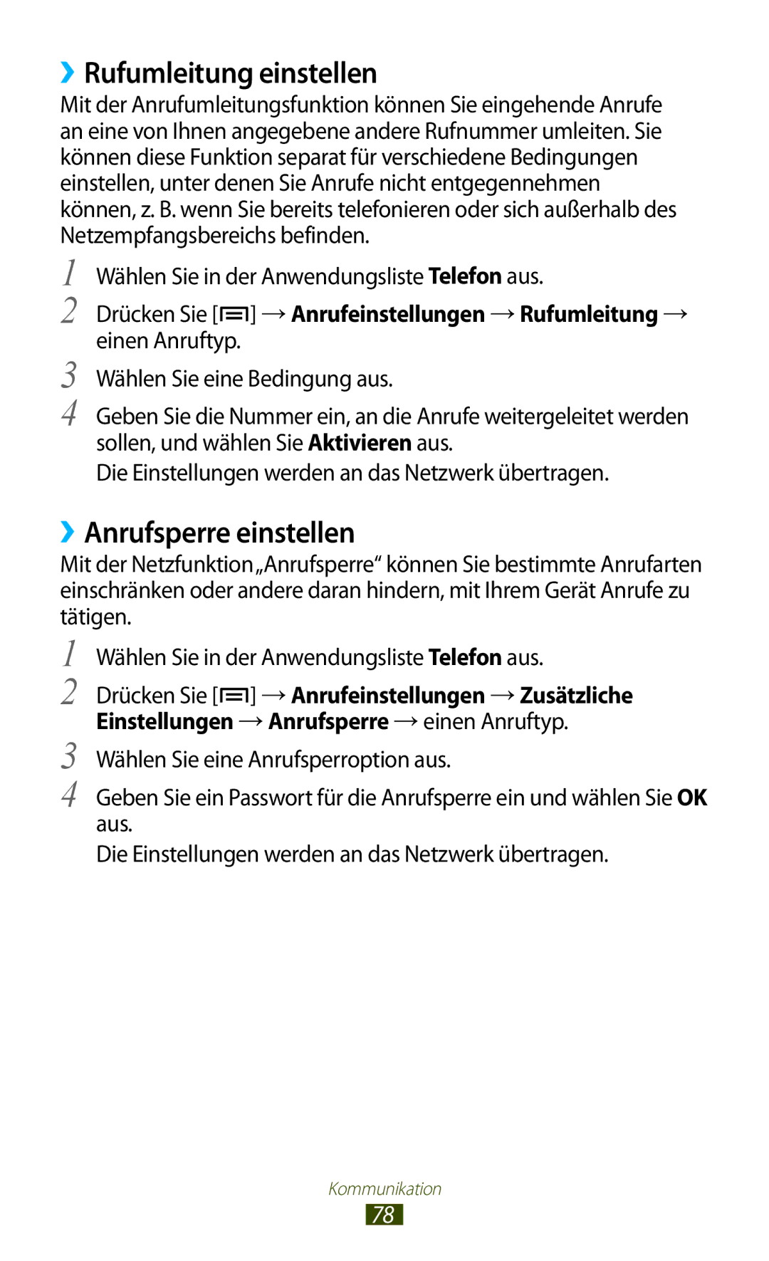 Samsung GT-N7000ZBAEUR, GT-N7000ZBADBT, GT-N7000ZBEDBT, GT-N7000ZBEATO ››Rufumleitung einstellen, ››Anrufsperre einstellen 