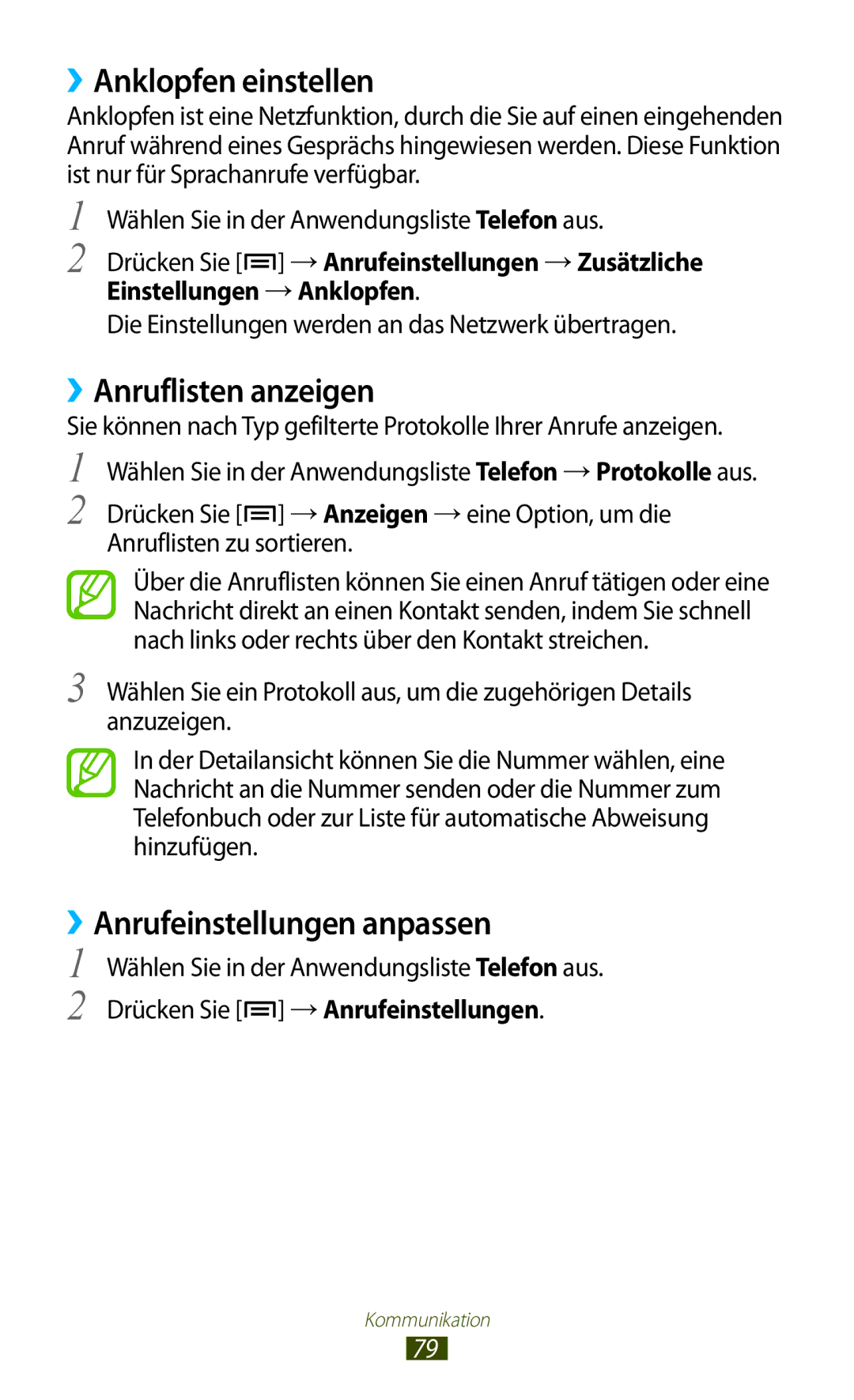 Samsung GT-N7000ZBAATO, GT-N7000ZBADBT manual ››Anklopfen einstellen, ››Anruflisten anzeigen, ››Anrufeinstellungen anpassen 