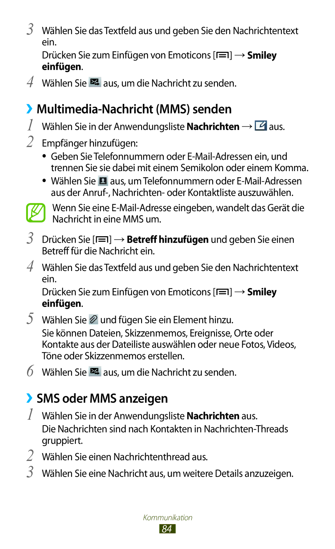 Samsung GT-N7000ZIADTM, GT-N7000ZBADBT, GT-N7000ZBEDBT manual ››Multimedia-Nachricht MMS senden, ››SMS oder MMS anzeigen 