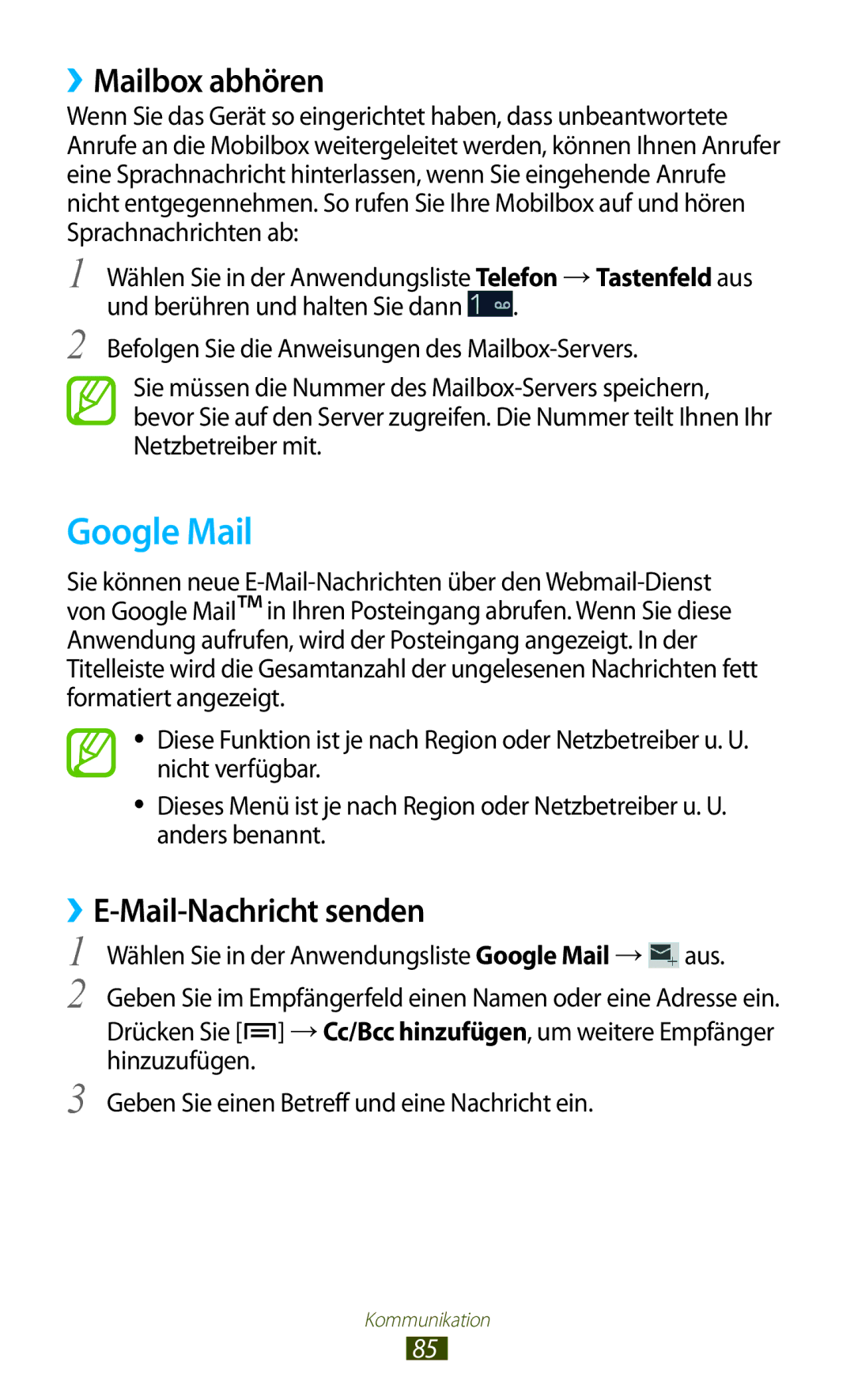 Samsung GT-N7000ZBAXEO, GT-N7000ZBADBT, GT-N7000ZBEDBT manual Google Mail, ››Mailbox abhören, ››E-Mail-Nachricht senden 