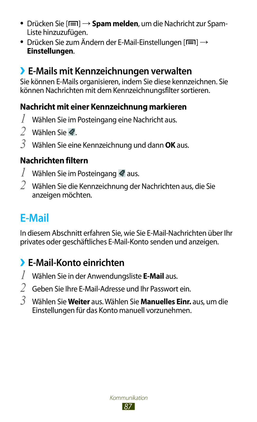 Samsung GT-N7000RWADTM manual ››E-Mails mit Kennzeichnungen verwalten, ››E-Mail-Konto einrichten, Nachrichten filtern 