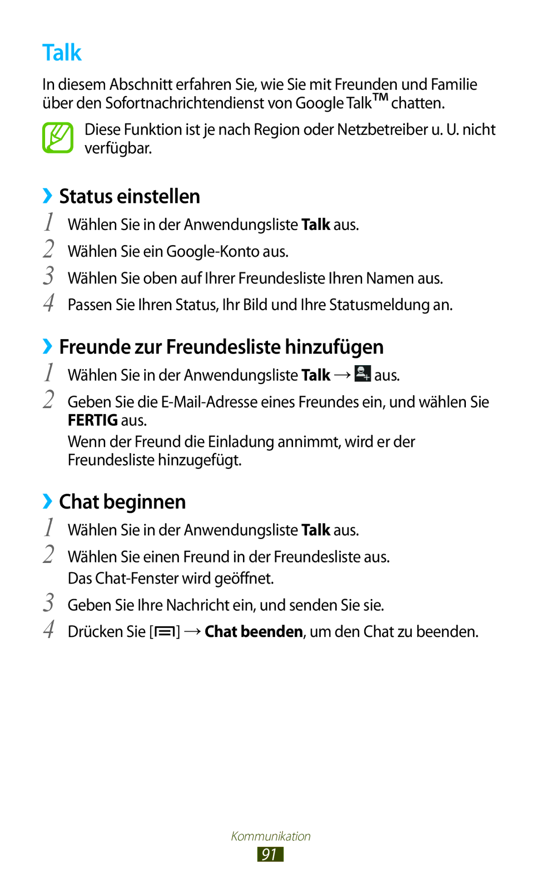 Samsung GT-N7000ZBASFR manual Talk, ››Status einstellen, Freunde zur Freundesliste hinzufügen, Chat beginnen, Fertig aus 