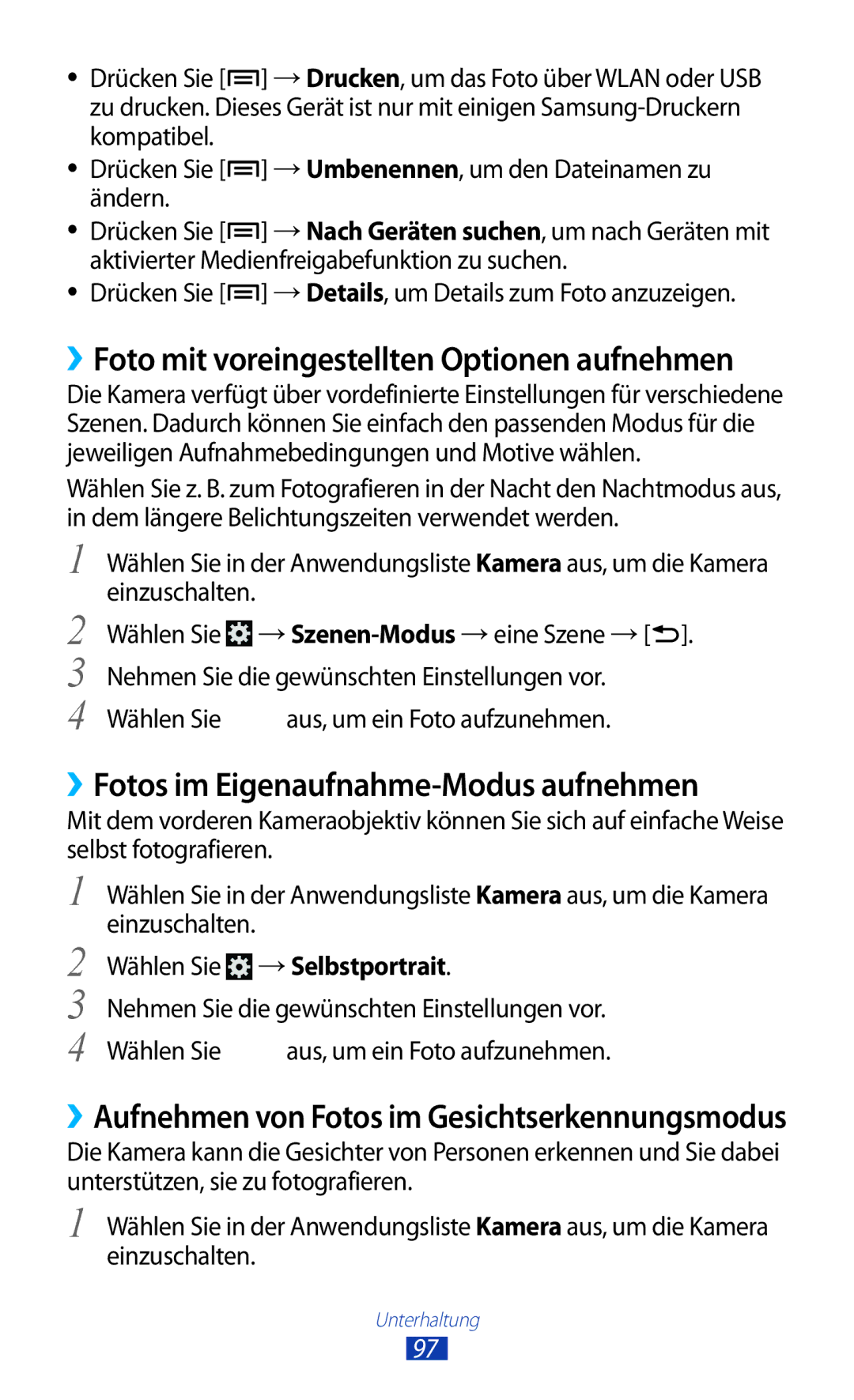 Samsung GT-N7000ZBAVIA manual ››Foto mit voreingestellten Optionen aufnehmen, ››Fotos im Eigenaufnahme-Modus aufnehmen 