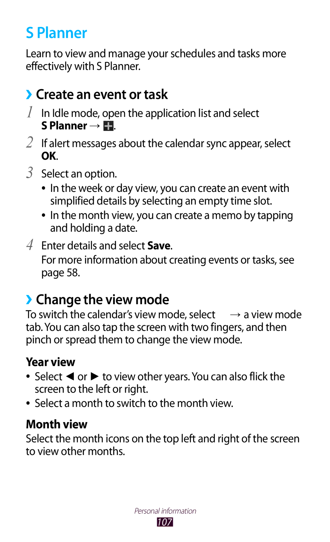 Samsung GT-N7000ZBADBT user manual Planner, ››Change the view mode 