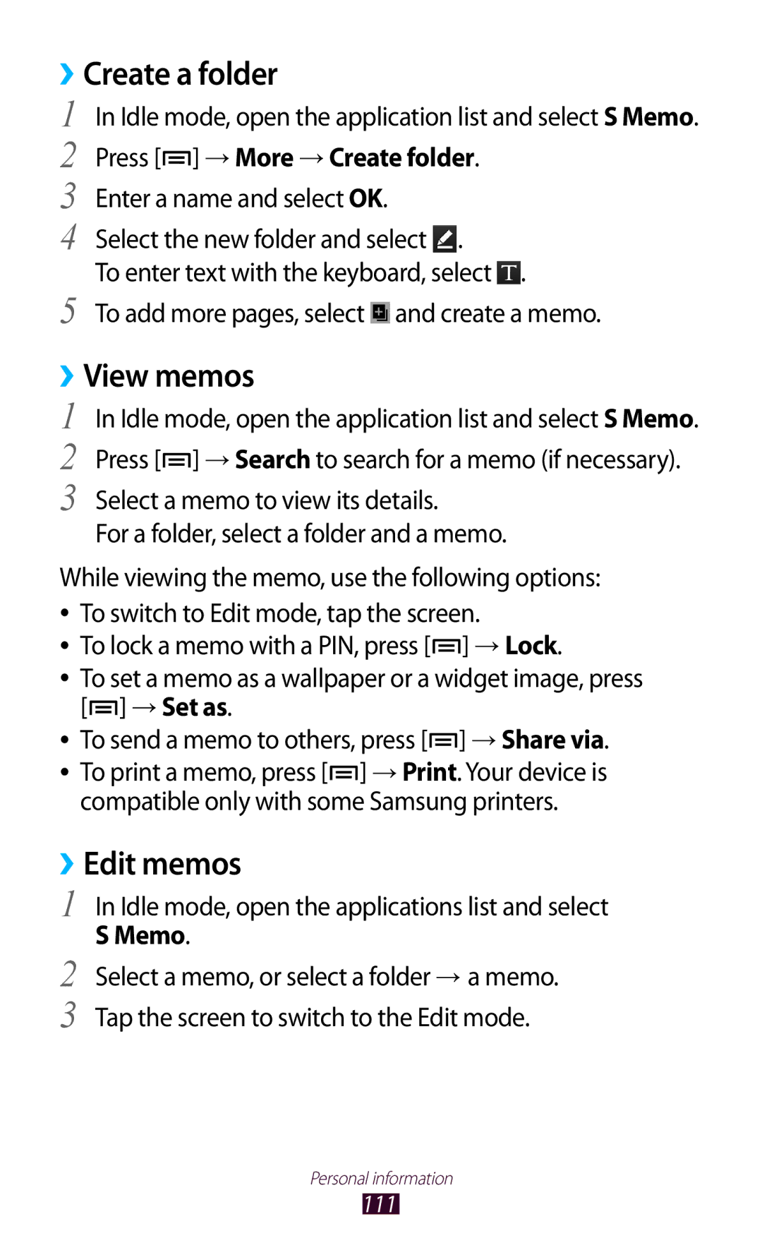 Samsung GT-N7000ZBADBT user manual Create a folder, View memos, ››Edit memos, Press → More → Create folder 