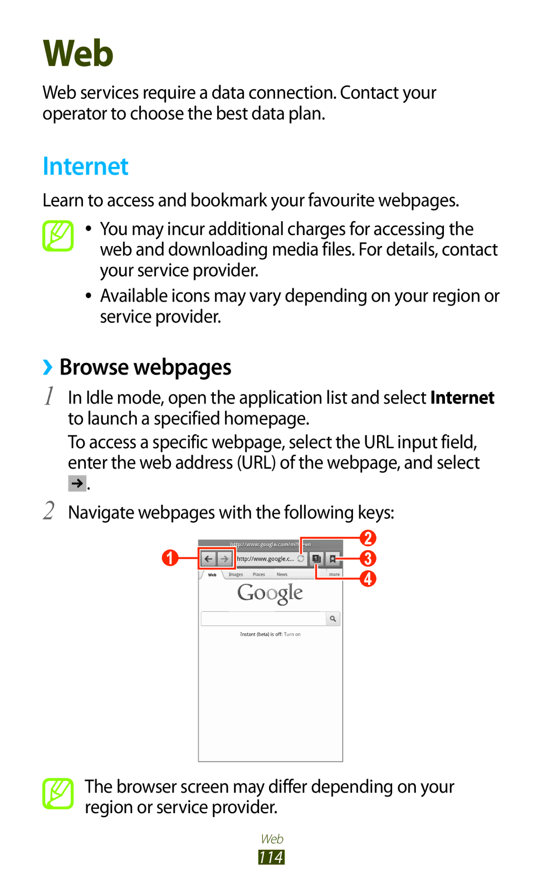 Samsung GT-N7000ZBADBT user manual Internet, ››Browse webpages 