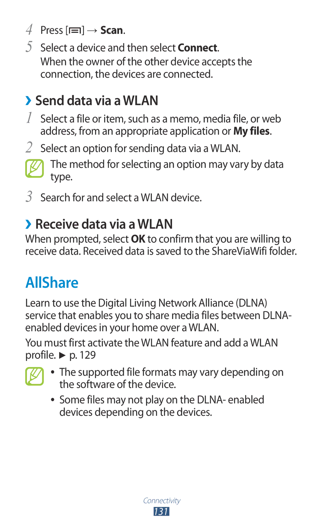 Samsung GT-N7000ZBADBT user manual AllShare, ››Send data via a Wlan, ››Receive data via a Wlan 