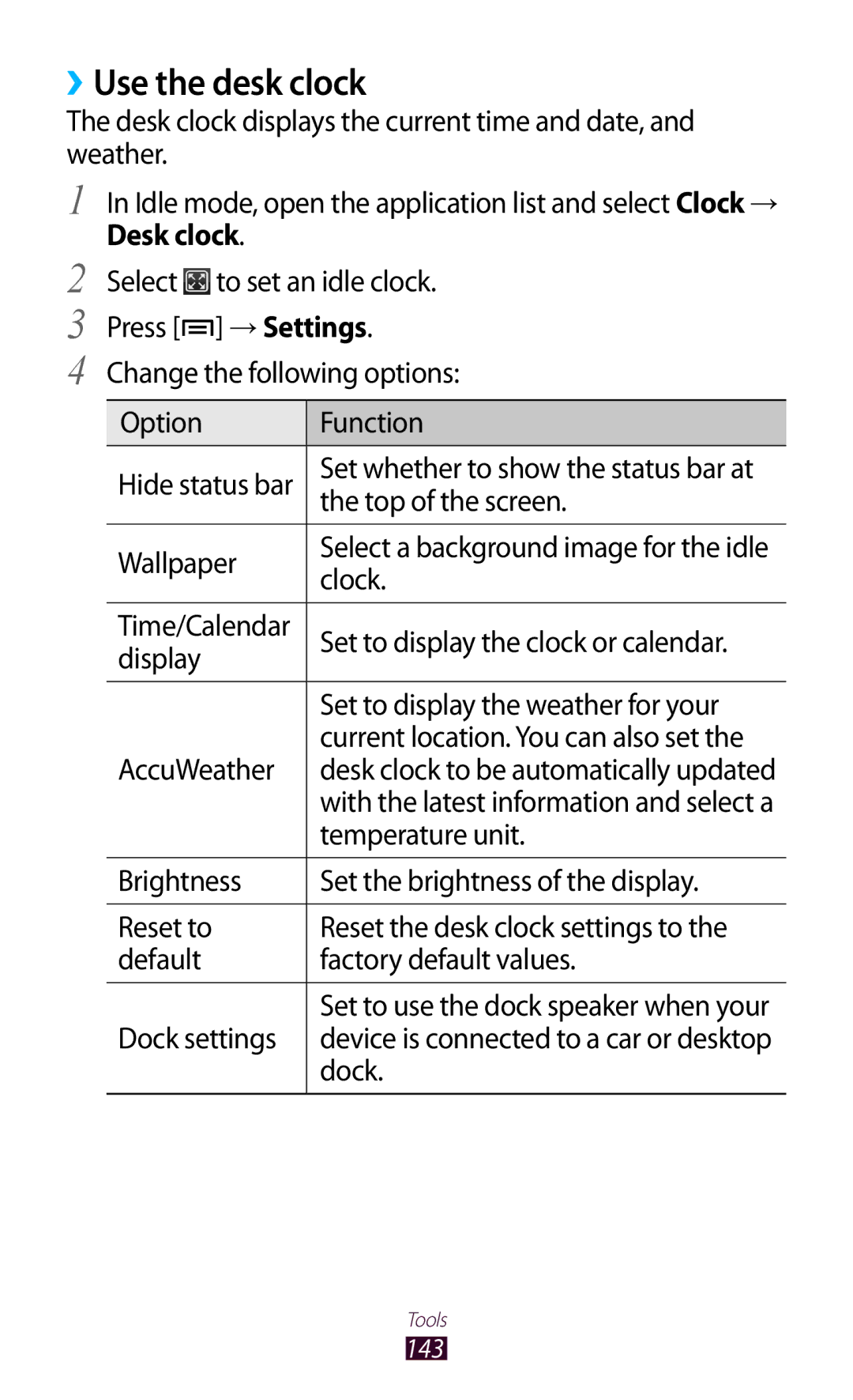 Samsung GT-N7000ZBADBT user manual ››Use the desk clock, Desk clock 