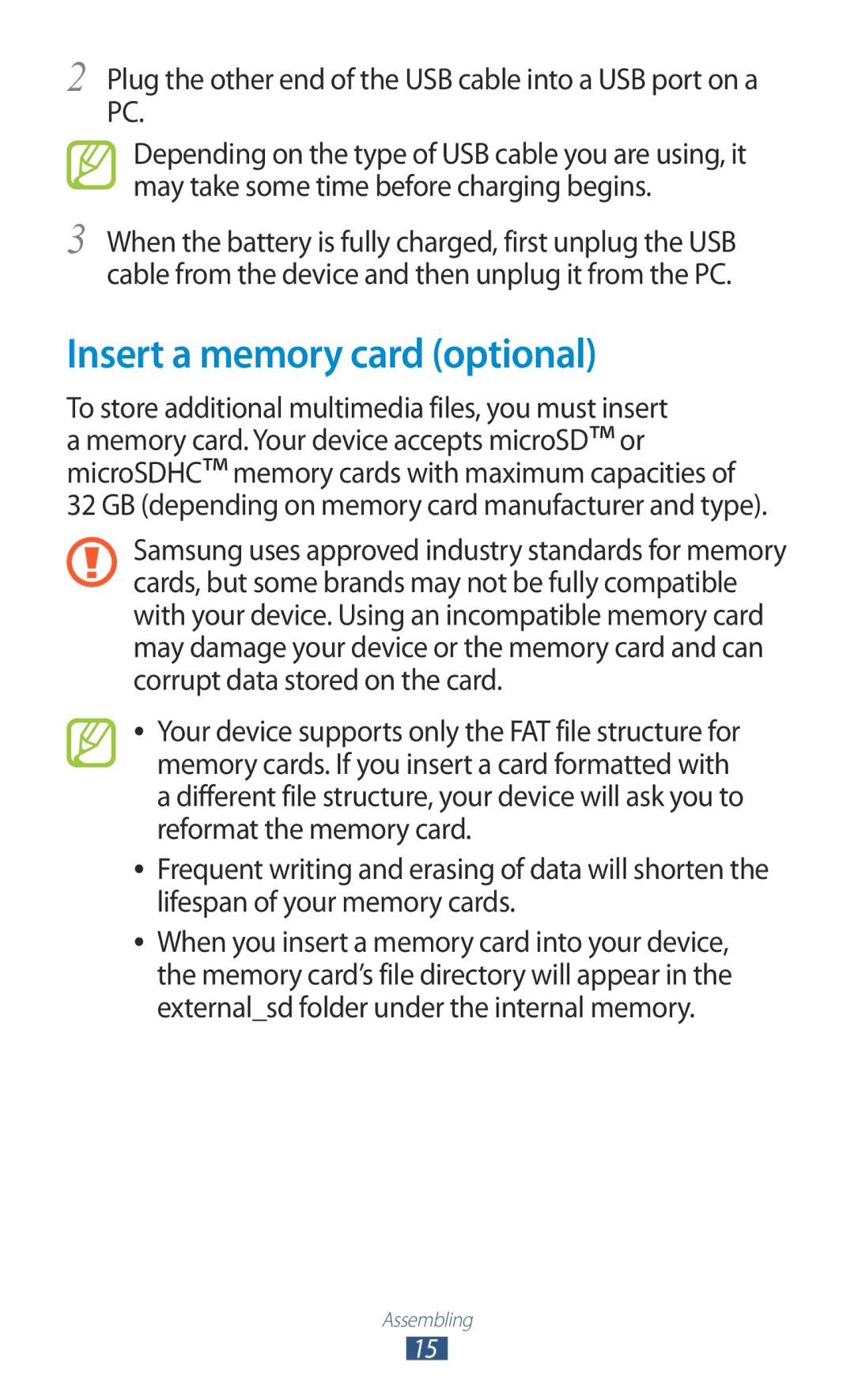 Samsung GT-N7000ZBADBT Insert a memory card optional, Plug the other end of the USB cable into a USB port on a PC 